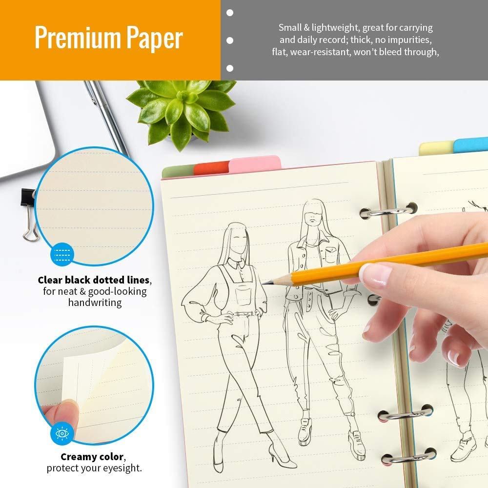 Premium A6 Refill Paper 3-Pack - 270 Lined Pages with 5 Color Binder Dividers, 160 Neon Sticky Index Flags & 2 A6 Binder Pockets - Compatible with 6-Ring Refillable Notebooks - Perfect for Journaling, Planning & Office Organization