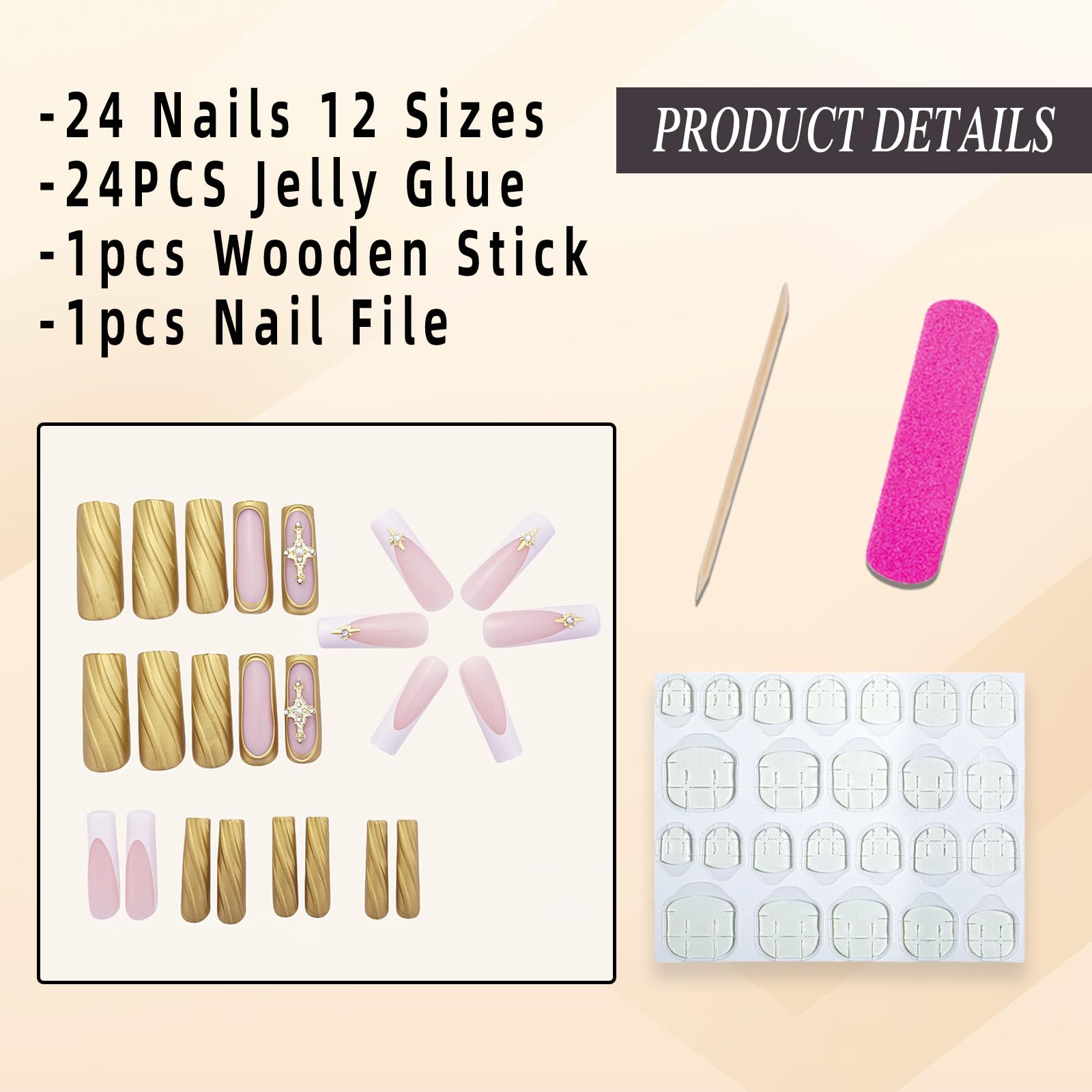 Luxury French Tip Press on Nails - Long Square Glossy Gold Acrylic Fake Nails with 3D Relief Design & Star Charms - 24Pcs Coffin False Nails for Women & Girls - Perfect for Parties, Weddings, and Special Occasions