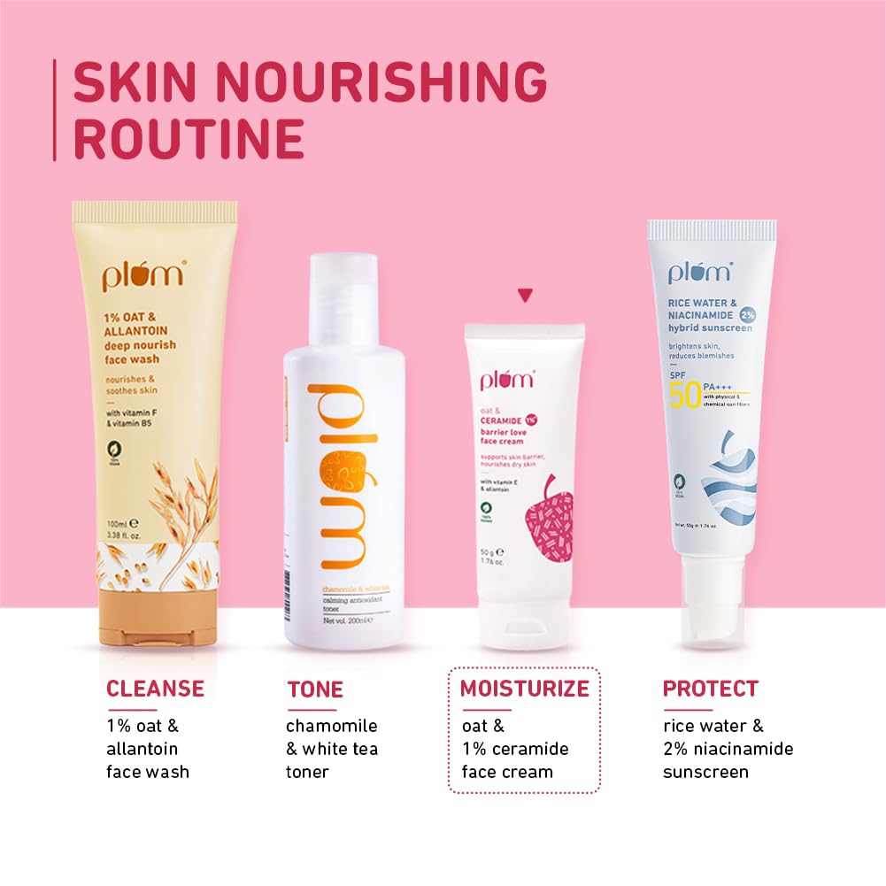 Plum Oat & 1% Ceramide Face Cream for Dry Skin | Barrier Repair Moisturizer with Vitamin E & Allantoin | Strengthens & Hydrates Skin | Unisex Skincare for Women & Men | 50g | Perfect for Night Routine & Winter Care