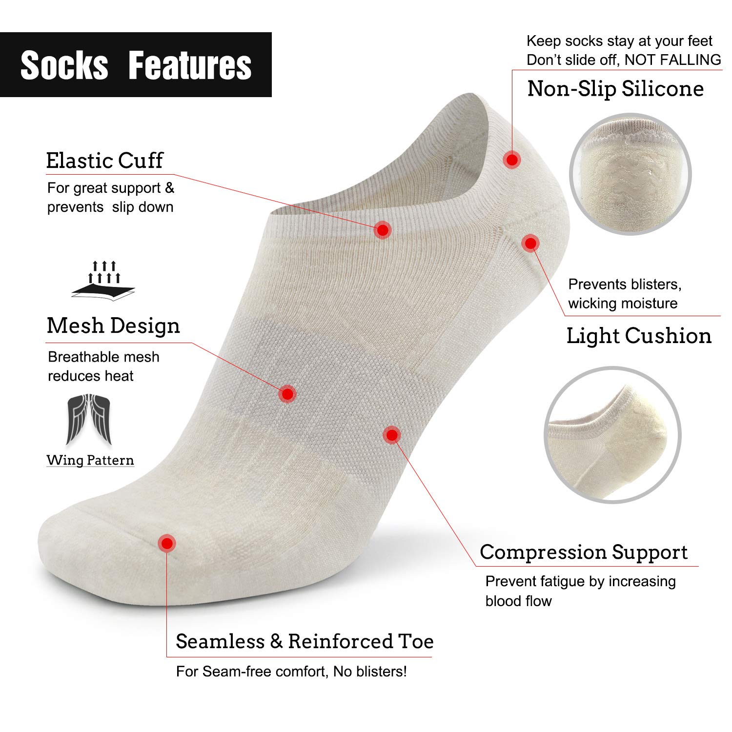 Breathable No-Show Merino Wool Running Socks for Men & Women - Low Cut Thin Athletic Socks with Non-Slip Grips - Perfect for Gym, Jogging & Daily Wear