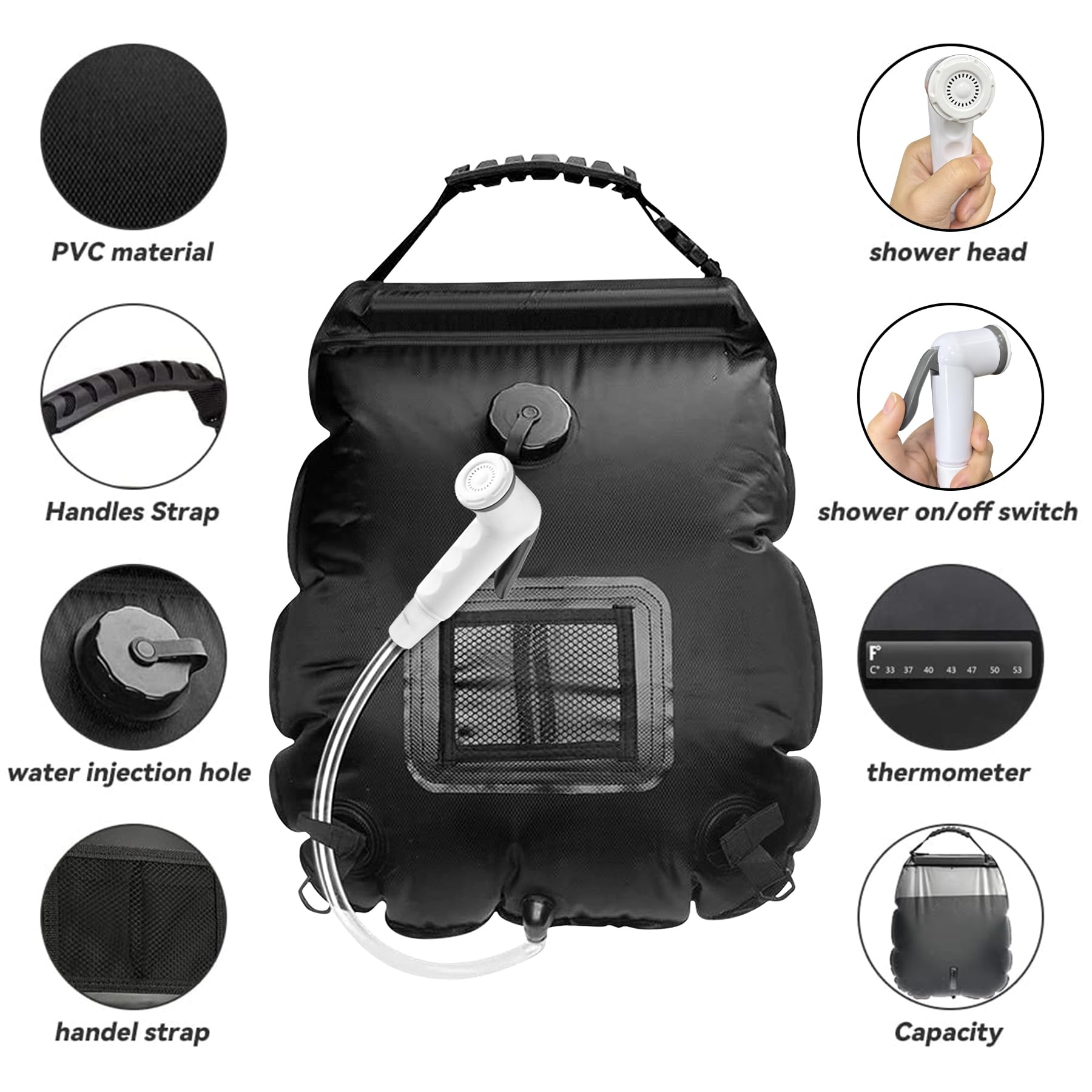 20L Solar Shower Bag - Portable Outdoor Camping Shower with Temperature Display & Adjustable Showerhead - Solar Powered Hot Water Heater for Camping, Hiking, Beach, RV Trips & Emergency Use