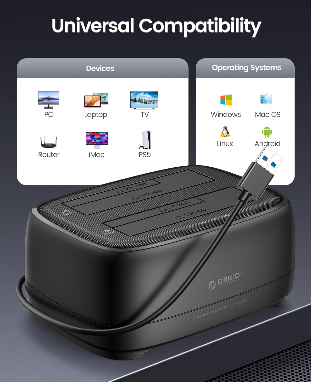 ORICO Dual Bay USB 3.0 Hard Drive Docking Station with Offline Clone Function - Supports 2.5