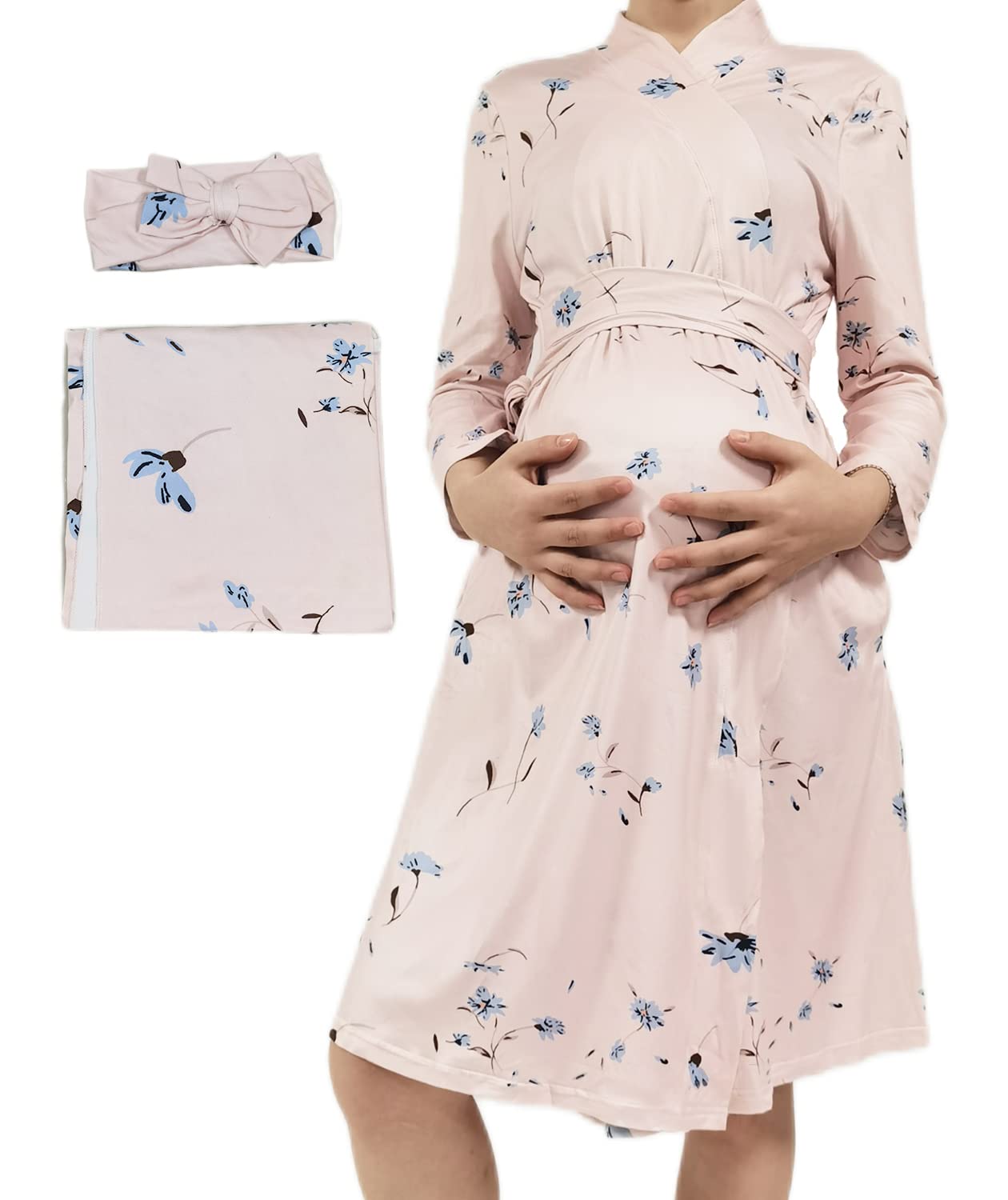 Maternity Nursing Robe for Women - 3-in-1 Pregnancy Hospital Gown with Matching Swaddle Set | Breastfeeding, Labor & Delivery Nightgown | Soft Mommy Robe for Nursing, Postpartum Recovery & Comfortable Lounging