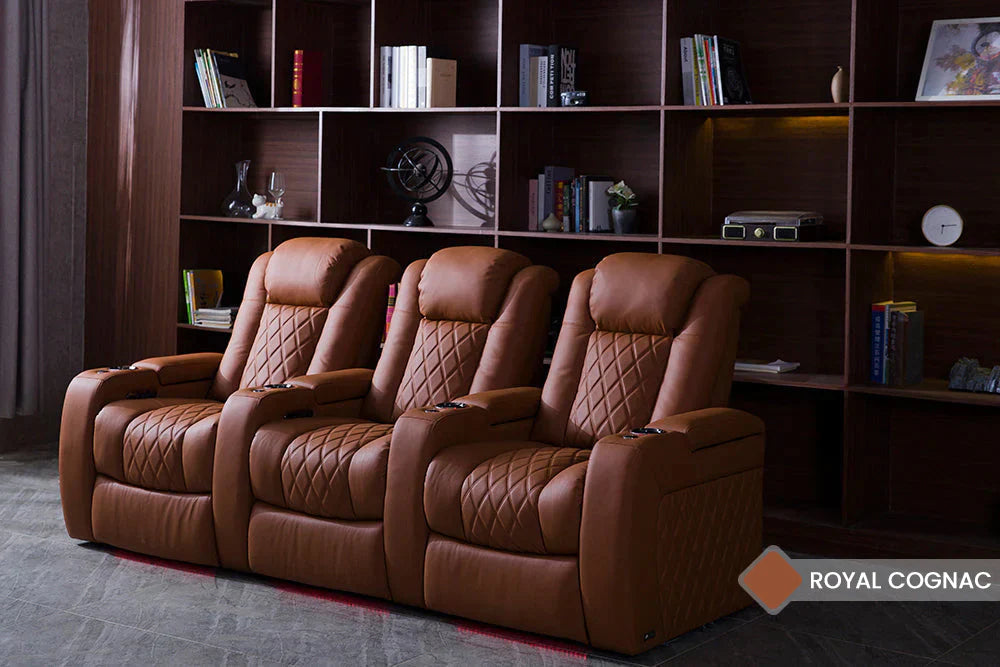 Valencia 2025 Tuscany Luxury Leather Home Theater Seating Set - 4 Seater Loveseat with Center Console in Royal Cognac Brown | Premium Home Cinema Furniture for Movie Nights & Entertainment Rooms
