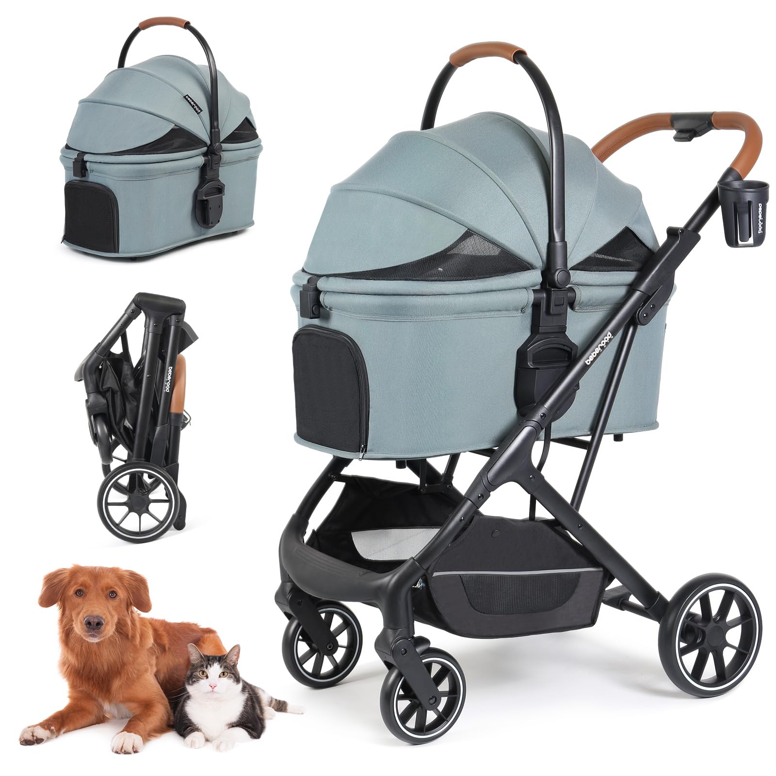 Premium T6 Foldable Pet Stroller for Medium Dogs Up to 66lbs or 2 Small Pets - Detachable Carrier, Lightweight & Durable (Green) | Perfect for Park Walks, Vet Visits & Shopping Trips