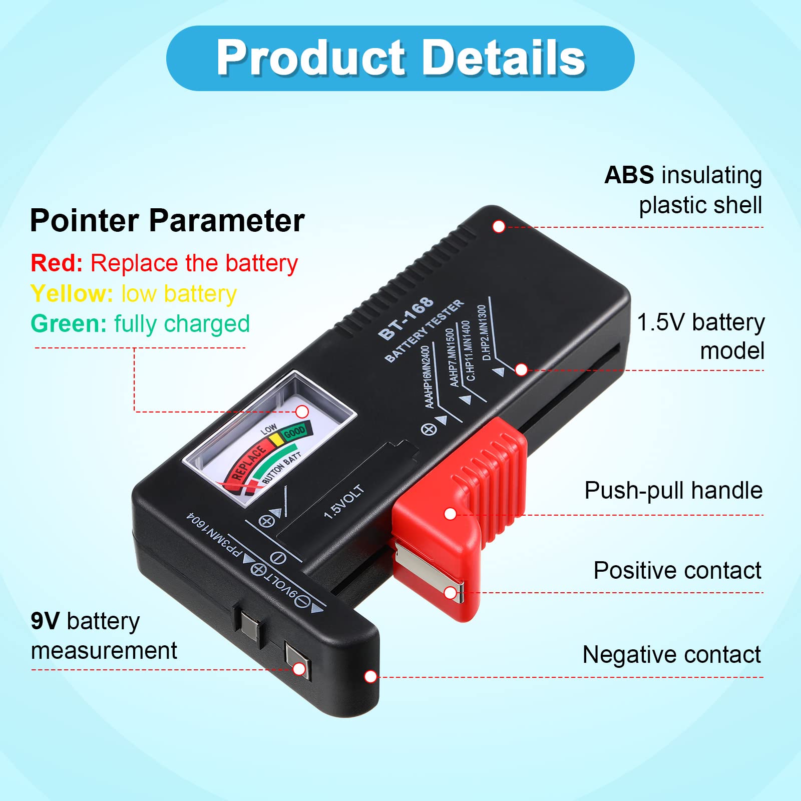 2 Pack Universal Battery Tester - Voltage Checker for AA AAA C D 9V 1.5V & Button Cell Batteries | Home, Office, Travel & Emergency Use