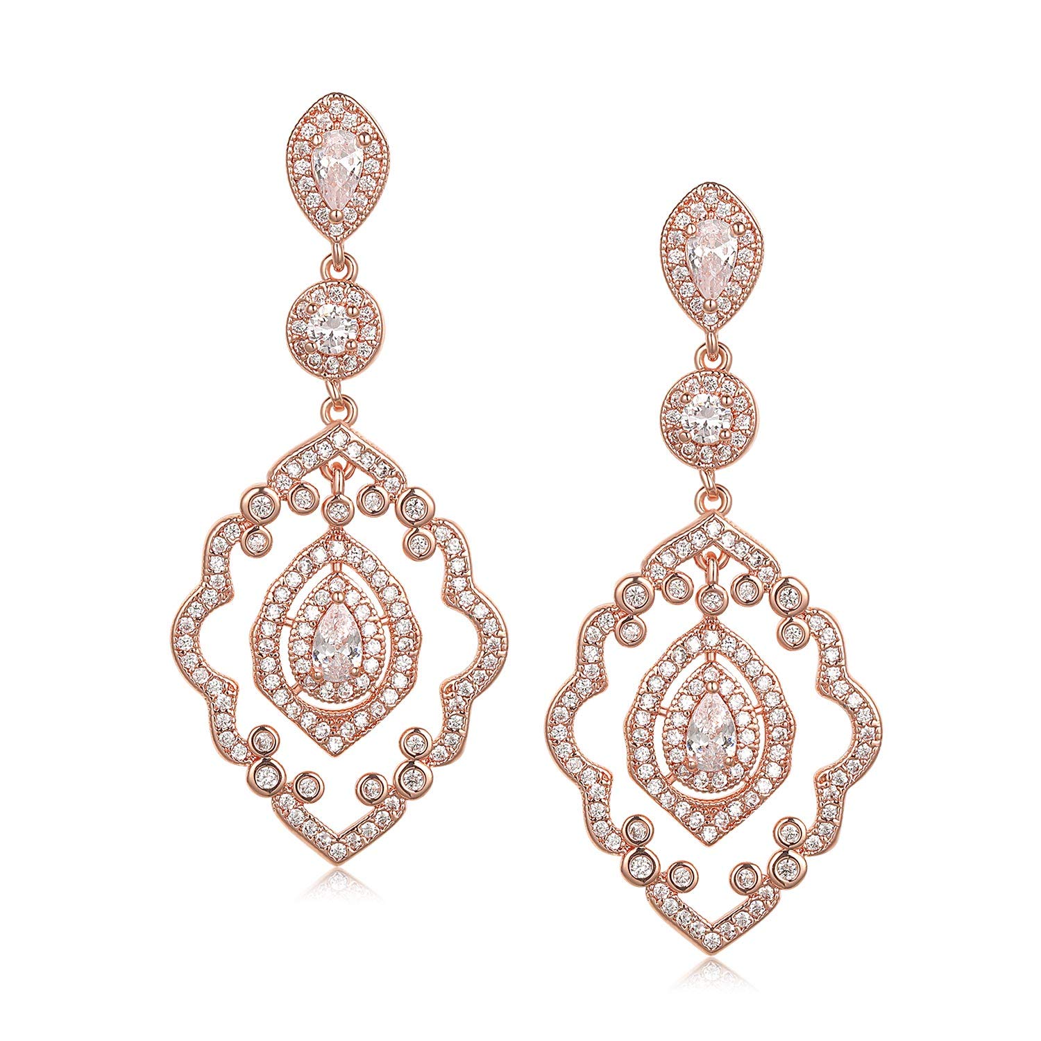 SWEETV Rose Gold Art Deco Drop Dangle Earrings - Elegant Wedding & Bridal Jewelry for Women | Perfect for Brides, Formal Events & Special Occasions