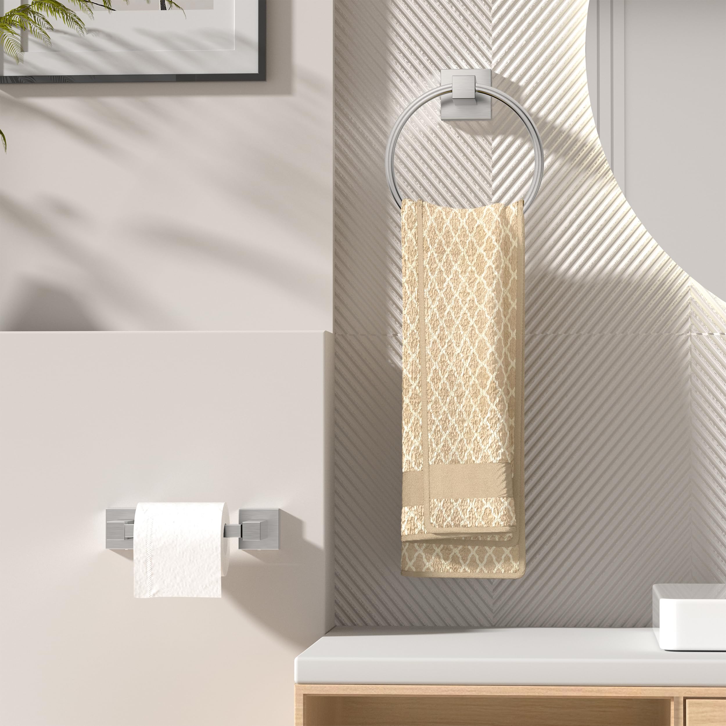 FORIOUS Stainless Steel Toilet Paper Holder & Hand Towel Ring Set - SUS 304 Double Post Pivoting Tissue Roll Holder - Modern Bathroom Hardware Accessories in Brushed Nickel - Perfect for Bathroom, Powder Room & Guest Toilet Organization