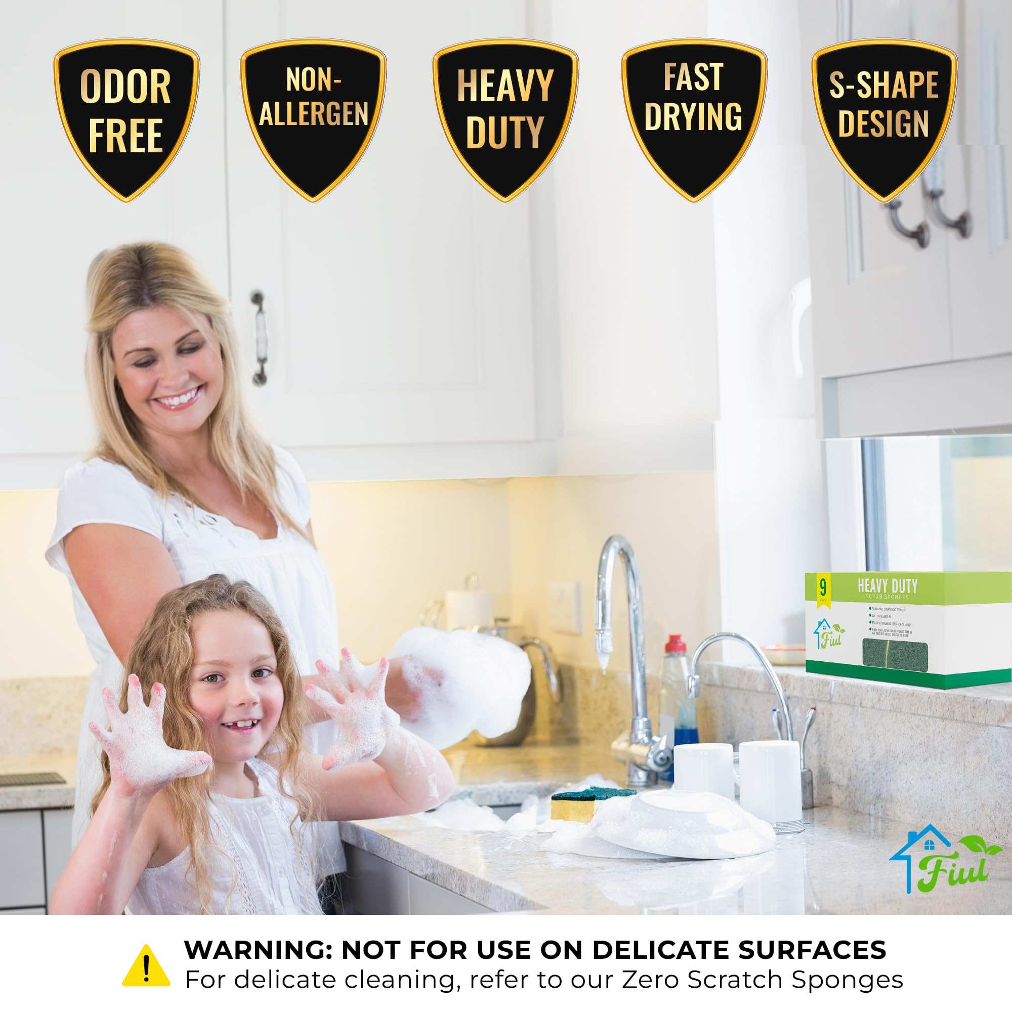 FIUL Heavy Duty Kitchen Sponges for Dishes - 9 Pack Yellow Odor Resistant Scrub Sponges with Scouring Pads - Durable Cleaning Sponges for Sinks, Countertops & Cookware - Perfect for Daily Dishwashing & Household Cleaning