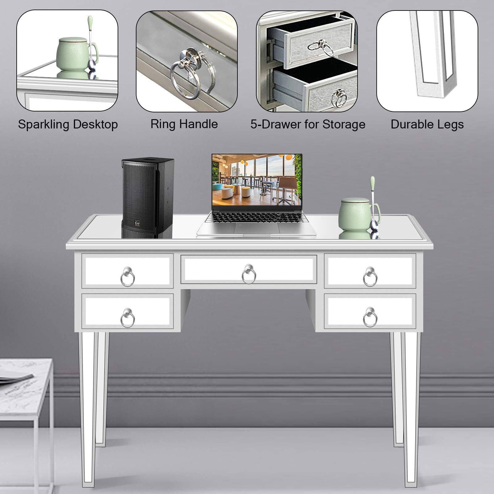 Mirrored Vanity Table with 5 Drawers - Elegant Makeup Desk & Console Table for Women, Home Office Writing Desk with Smooth Finish | Perfect for Bedroom, Dressing Room & Home Office Organization