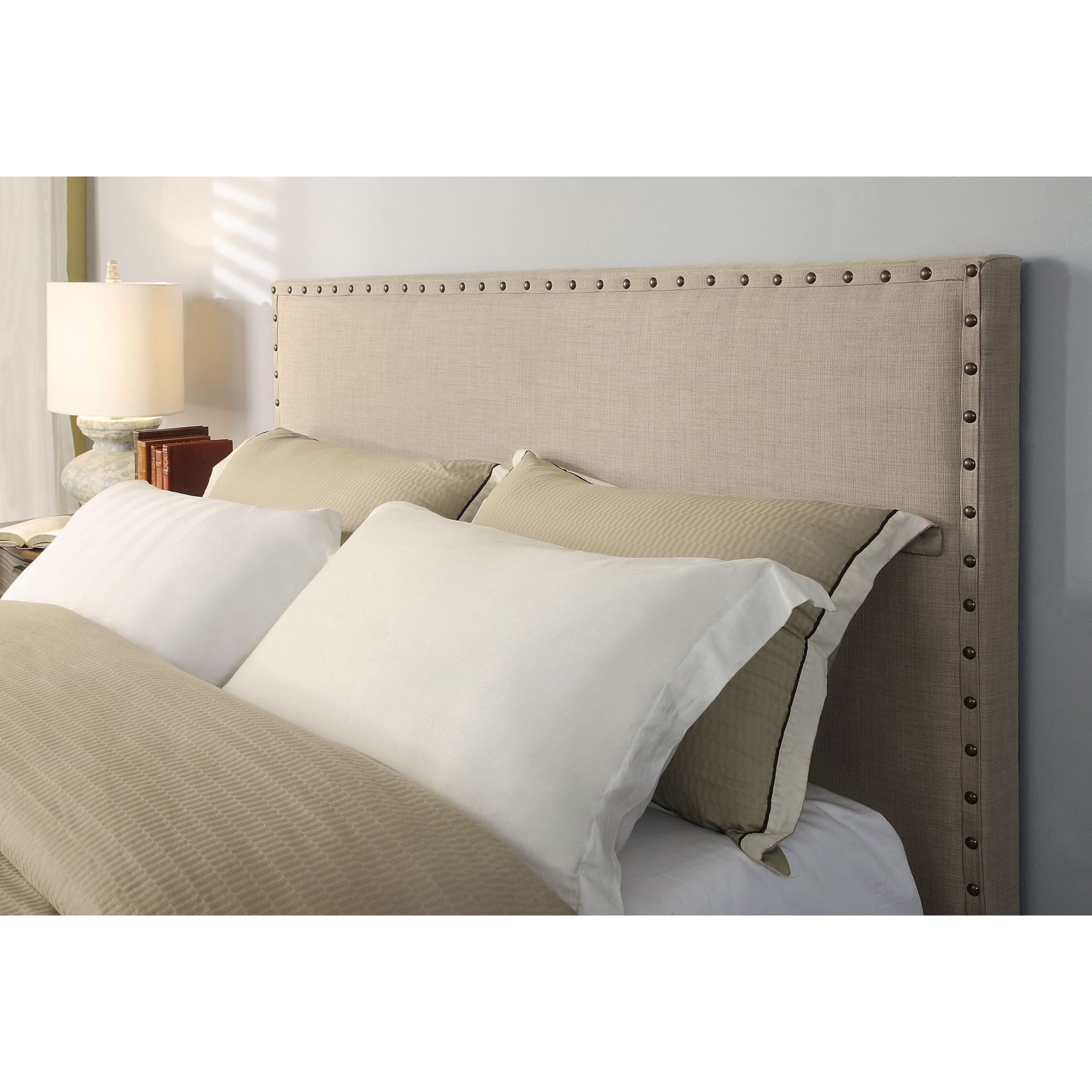 Tavel Nailhead Upholstered Headboard - Queen Size in Toast Linen Fabric | Elegant Bedroom Decor for Master & Guest Rooms