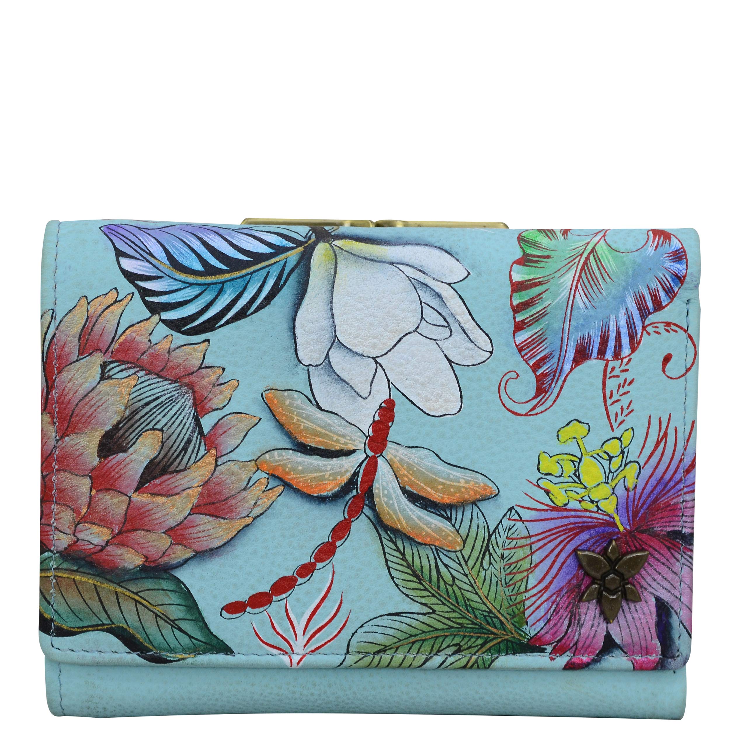 Anuschka Hand-Painted Genuine Leather Women's RFID Blocking Small Flap Wallet - Jardin Bleu | Secure Travel & Everyday Use | French Style Compact Purse for Credit Cards & Cash