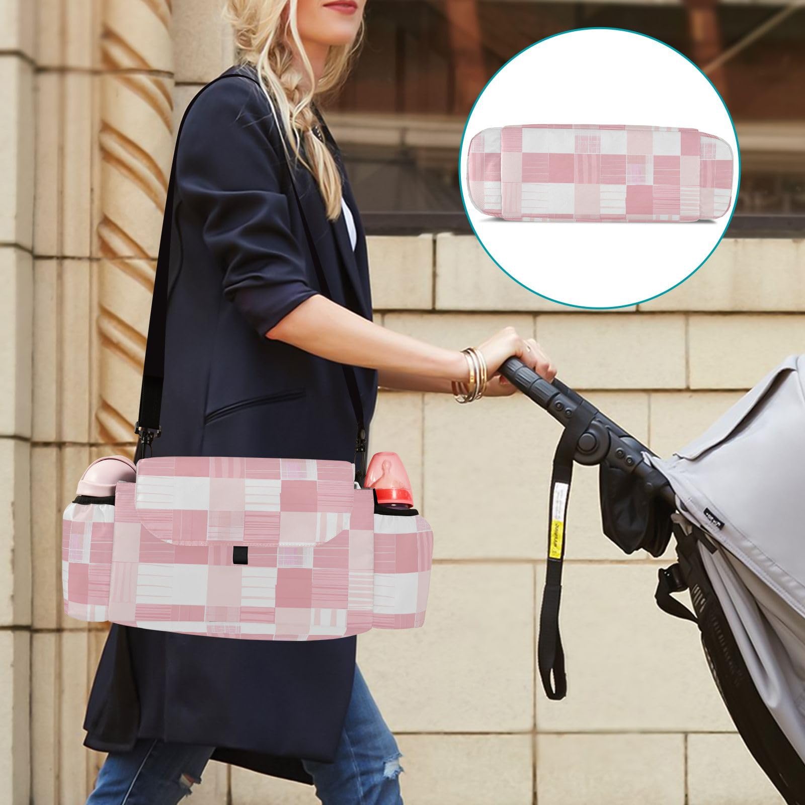 Amooorous Light Blush White Checkered Pattern Stroller Diaper Organizer - Baby Storage Caddy with Adjustable Straps - Perfect for Car Seat, Shopping Cart & Nursery Organization