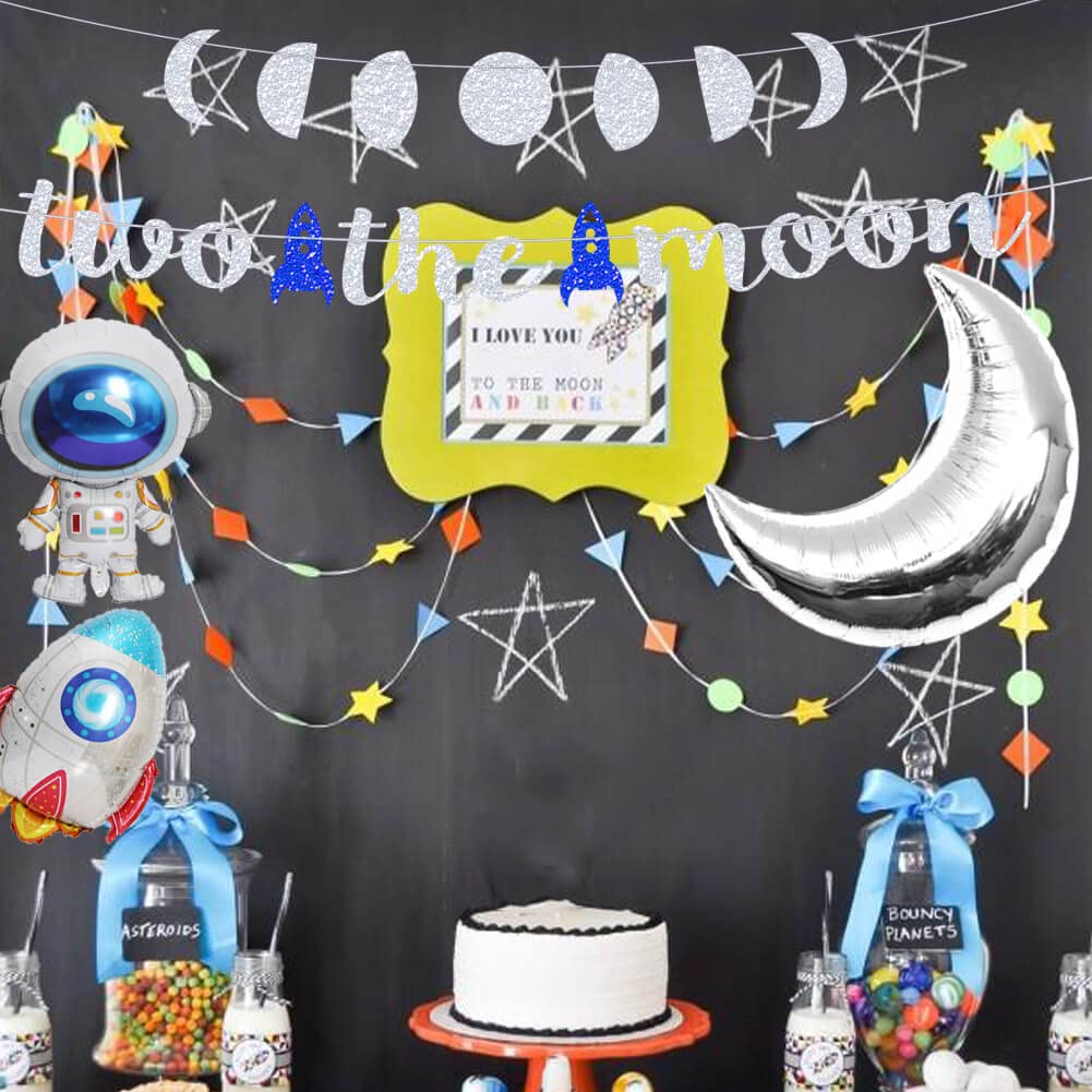 Two the Moon Birthday Decorations - Silver Glitter Party Banner for Outer Space, Galaxy, Astronaut & Space Man Theme | Perfect for Baby Boy's 2nd Birthday Party, Robot UFO Themed Celebrations & Cosmic Nursery Decor