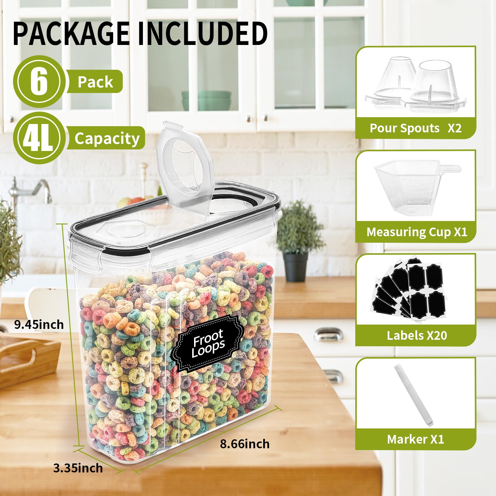 Skroam 6-Piece Airtight Food Storage Containers Set (4L/135.2 oz) - Plastic Cereal Dispensers with Lids for Kitchen & Pantry Organization - Includes Measuring Cup & 20 Labels - Perfect for Cereal, Flour, Sugar, Rice & Dry Food Storage