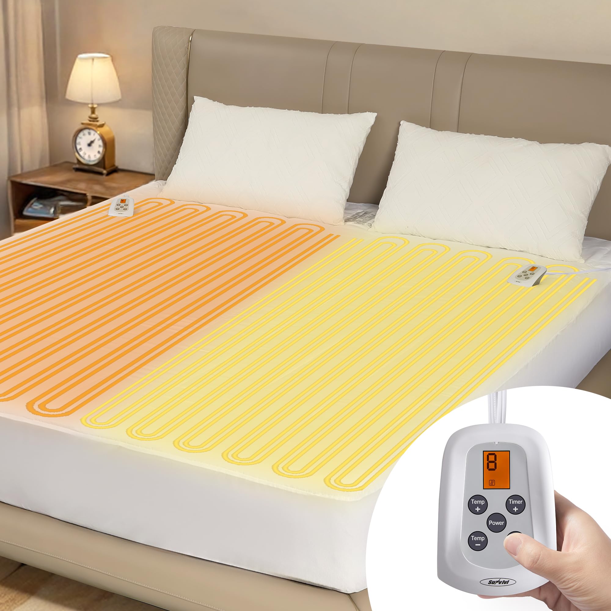 Sunvivi Queen Size Heated Mattress Pad - Electric Bed Warmer with 12-Hour Timer & 10 Heat Settings, Dual Controller, Machine Washable (60