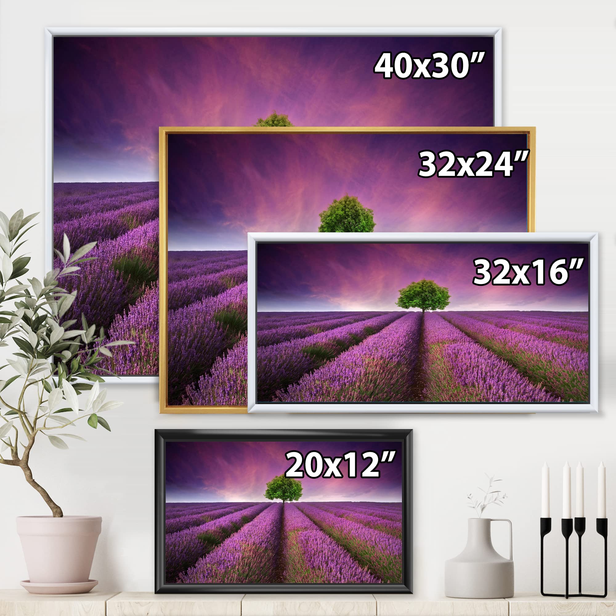 DesignQ Stunning Lavender Field Summer Sunset With Tree - Farmhouse Framed Canvas Wall Art Print for Living Room, Bedroom & Office Decor