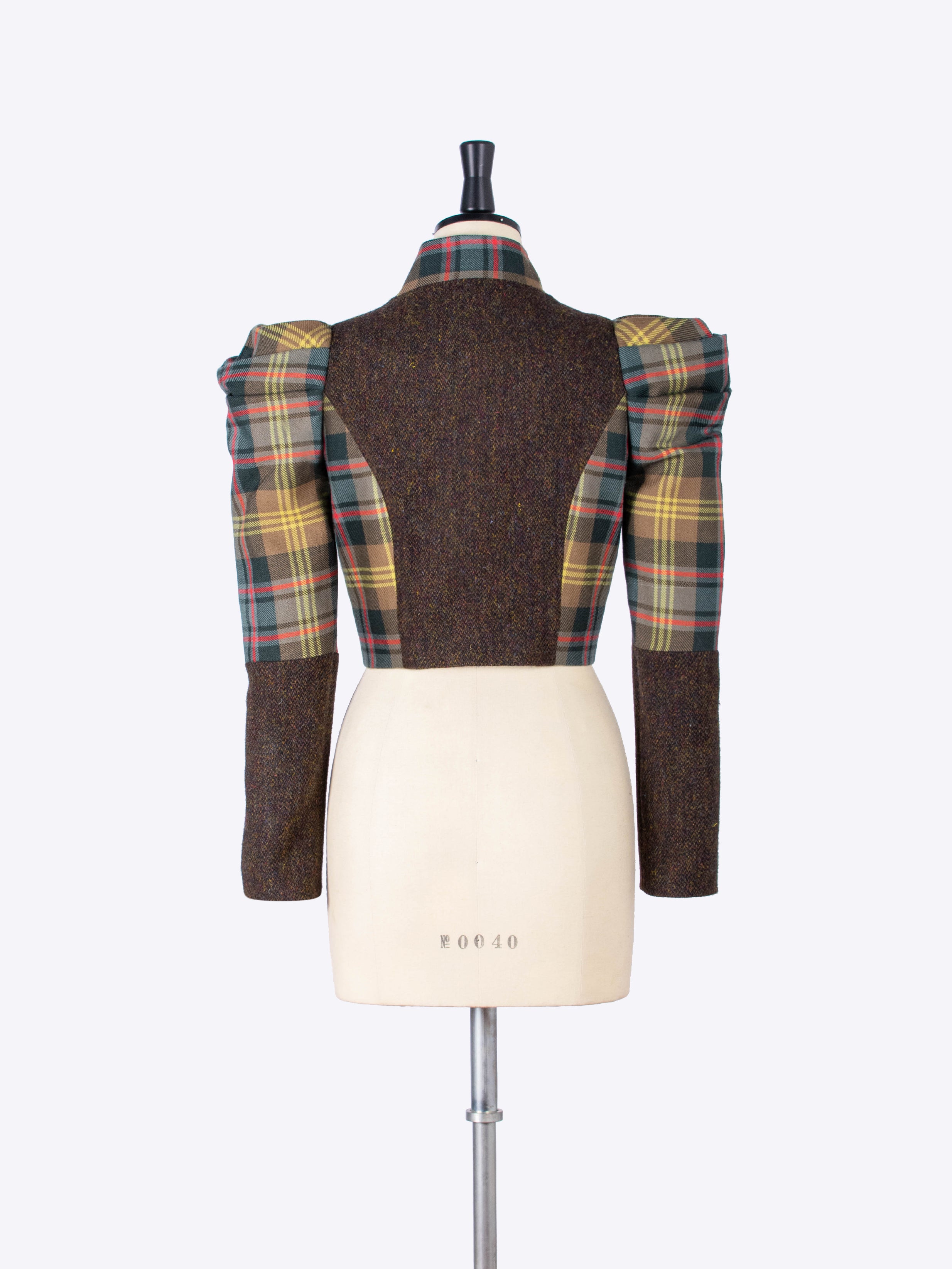 Elegant Puff Sleeve Bolero Jacket - Limited Edition Brown Tartan & Harris Tweed Blend - Perfect for Fall Weddings, Office Wear & Holiday Parties