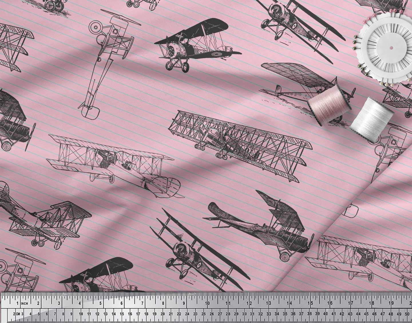 Soimoi Moss Georgette Brown Fabric by The Yard - 42 Inch Wide Stripe & Airplane Print Fabric - Lightweight Draping Material for Dresses, Scarves & Home Decor - Aviation Inspired Contemporary Design