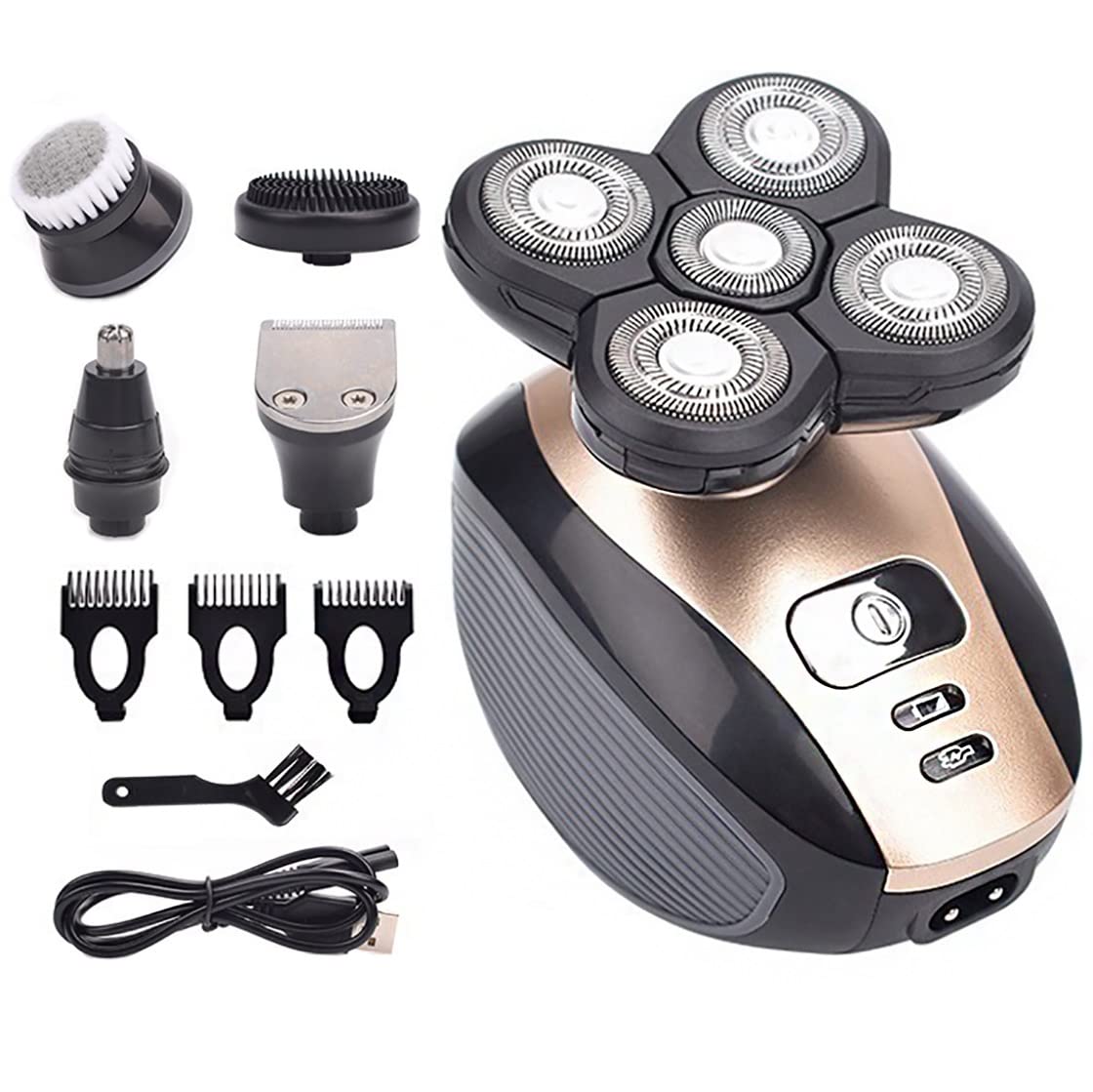 5-in-1 Rechargeable Electric Razor for Men - Bald Head Shaver with 5 Floating Heads, Beard Trimmer, Nose & Ear Hair Clipper - Perfect for Full Body Grooming, Travel & Daily Shaving Routine