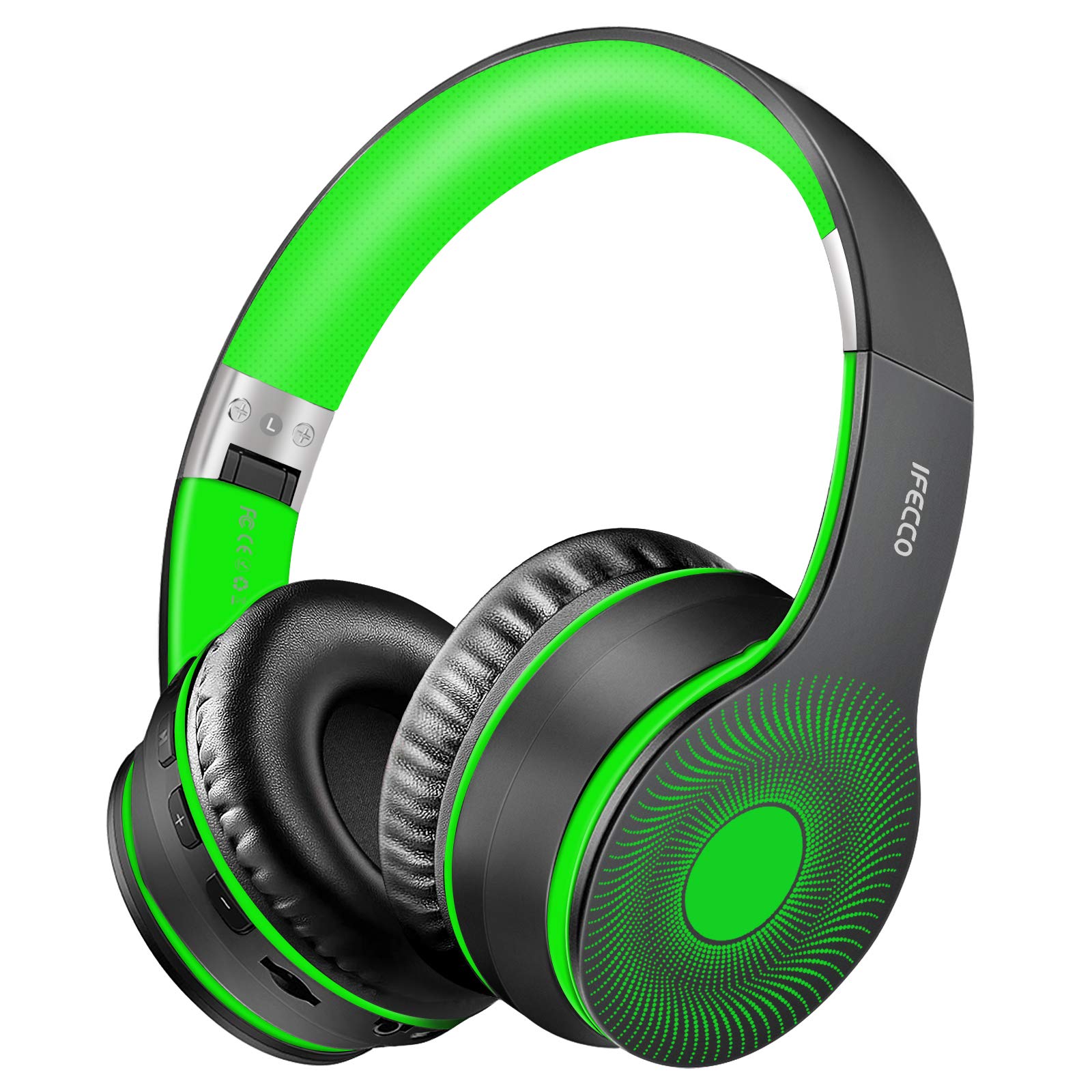 IFECCO Wireless Bluetooth Headphones Over Ear with Built-in Mic & 3.5mm Cable - 40H Playtime, HD Stereo Sound, Soft Memory Foam Earpads for Workout, Travel & Office (Green) - Noise Cancelling Headset for Phone Calls & Music