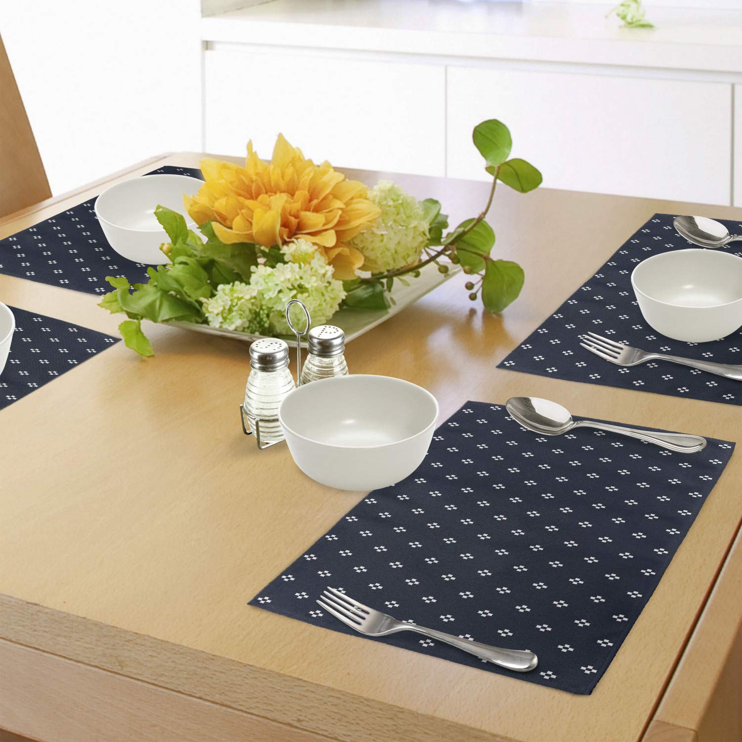 Ambesonne Indigo Place Mats Set of 4 - Navy Blue & White Square Pattern Washable Fabric Dining Table Mats for Everyday Use & Dinner Parties