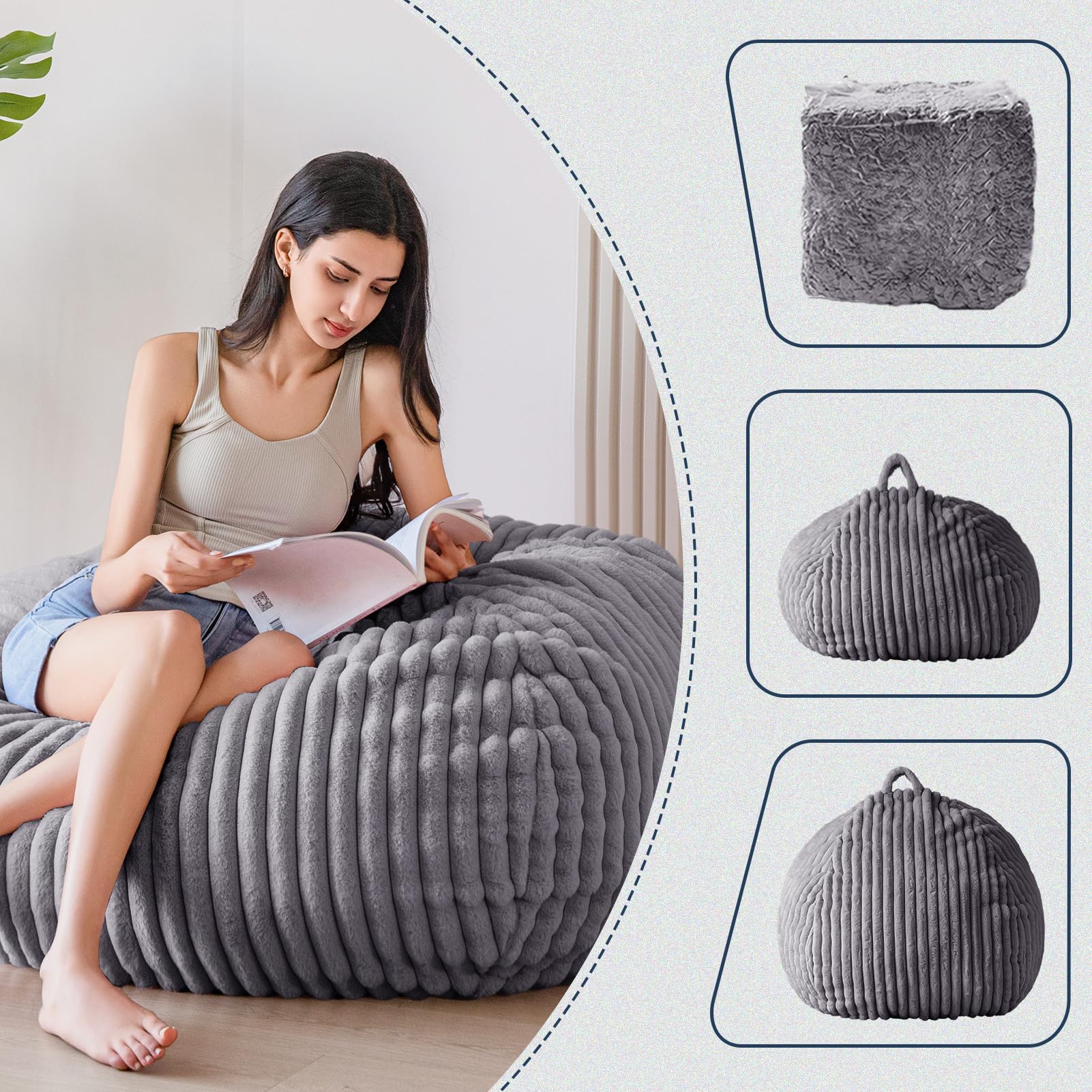 MAXYOYO 3ft Faux Fur Bean Bag Chair for Adults - Soft Striped Lazy Sofa for Living Room, Bedroom, Dorm - Dark Grey - Perfect for Relaxing, Gaming & Reading