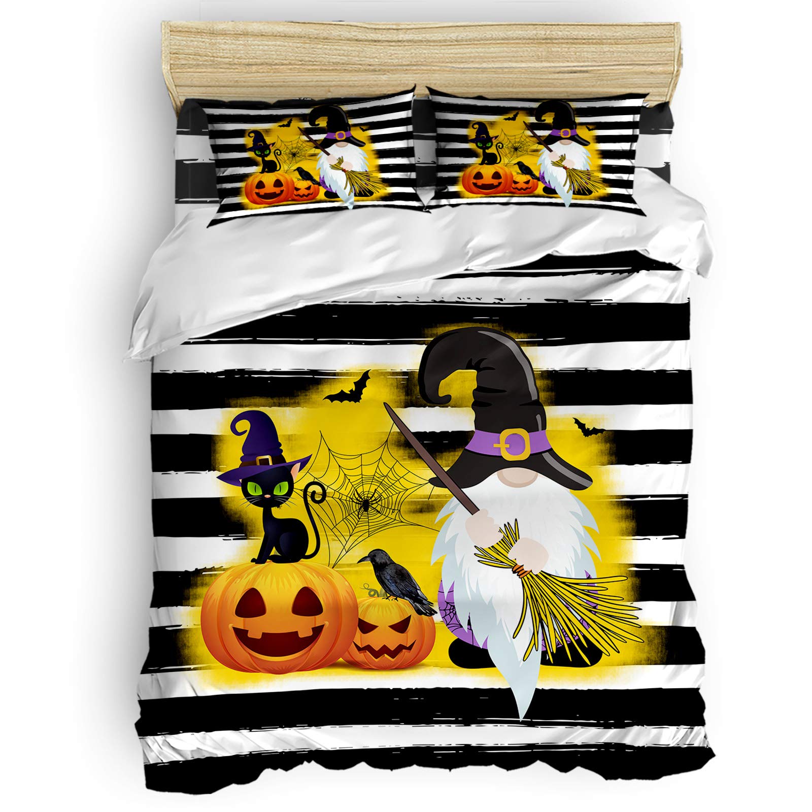 King Size Halloween Gnome Pumpkin Duvet Cover Set - 4 Piece Black & White Striped Breathable Comforter with Flat Sheet & Pillowcases | Cozy Bedroom Decor for Fall & Holiday Season