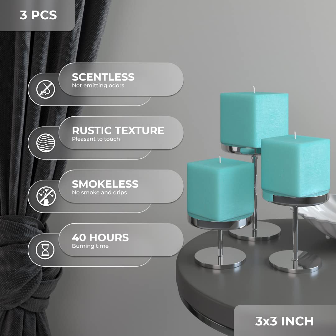 Premium 3-Inch Turquoise Square Pillar Candles - Unscented Long-Lasting Set of 3 for Wedding Decor, Home Decoration & Romantic Ambiance - Perfect for Centerpieces, Tablescapes & Candlelight Dinners