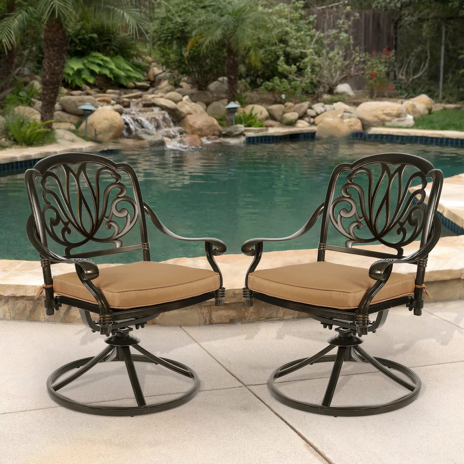 MEETWARM 2-Piece Outdoor Swivel Rocking Chairs - All-Weather Cast Aluminum Patio Dining Set with Cushions - Dark Bronze - Perfect for Garden, Deck, Backyard, and Poolside Relaxation