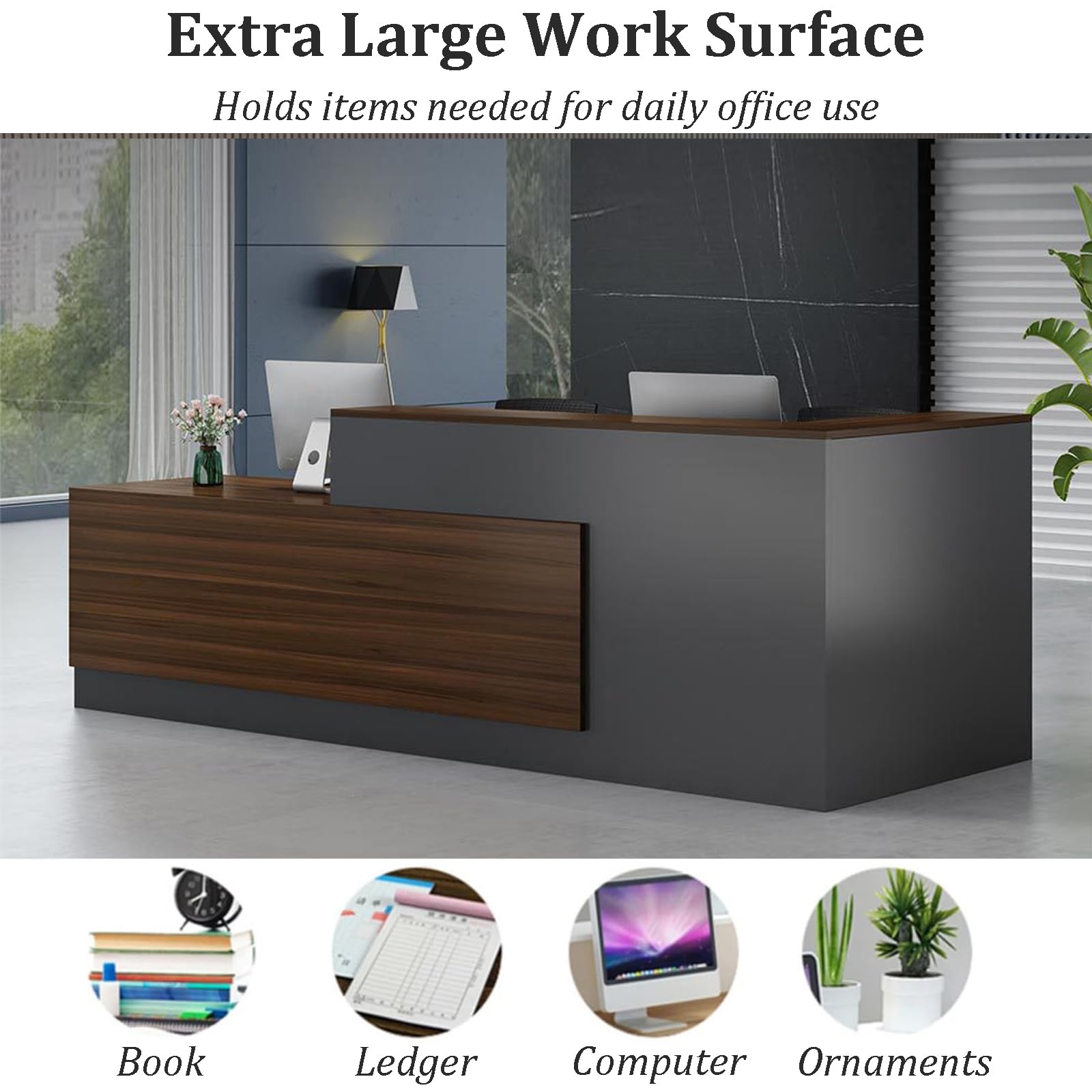 Modern Reception Desk with Open Shelves & Lockable Drawers - Stylish Computer Desk for Salon, Lobby, Hotel Checkout & Office - Perfect for Professional Spaces & Home Offices