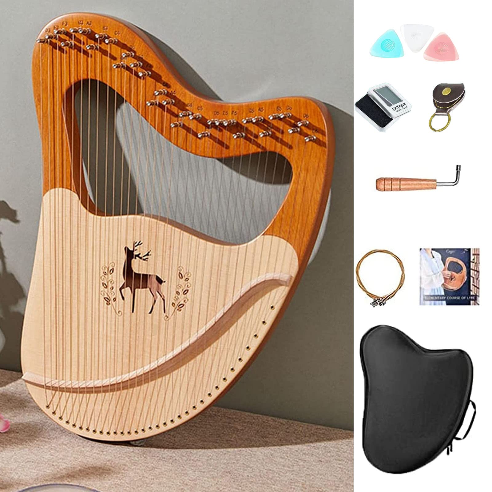 21/24/27/32 String Mahogany Lyre Harp with Metal Strings, Tuning Lever, Picks & Black Gig Bag - Perfect for Beginners, Adults & Kids - Includes Extra Strings & Manual - Ideal for Music Practice, Meditation & Gift Giving (32 Strings)