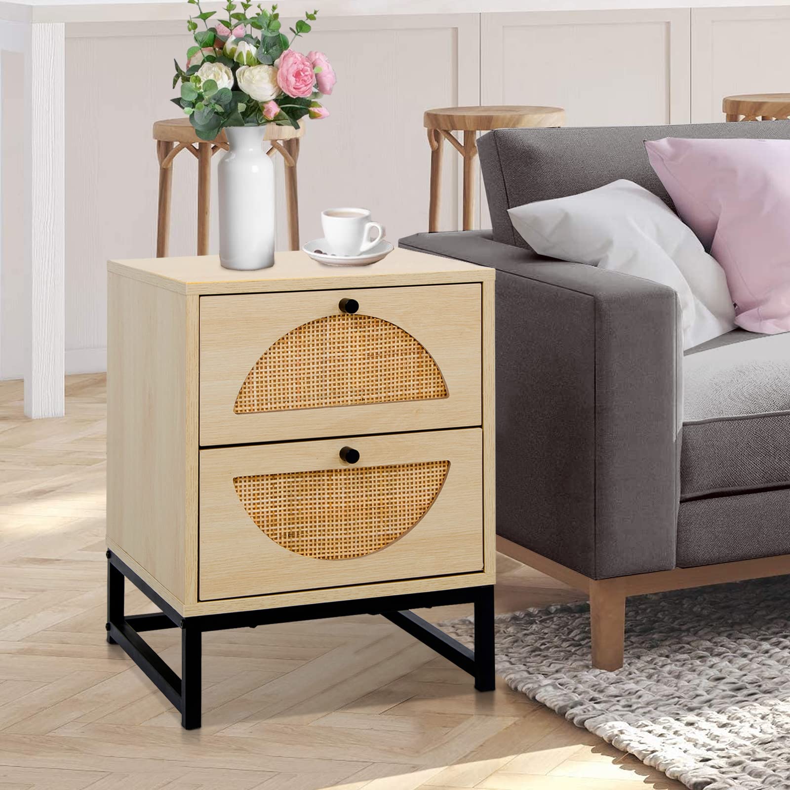 Rattan Nightstand with 2 Drawers & Metal Legs - Rustic Bedside Table for Bedroom & Living Room Storage