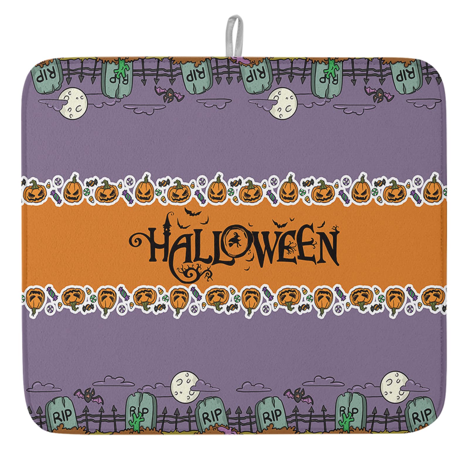 Halloween Pumpkin Tombstone Dish Drying Mat - Purple Microfiber Absorbent Kitchen Counter Mat, Reversible Quick-Dry Dish Drainer Rack (16x18 Inch) | Machine Washable | Perfect for Halloween Decor & Kitchen Counter Protection