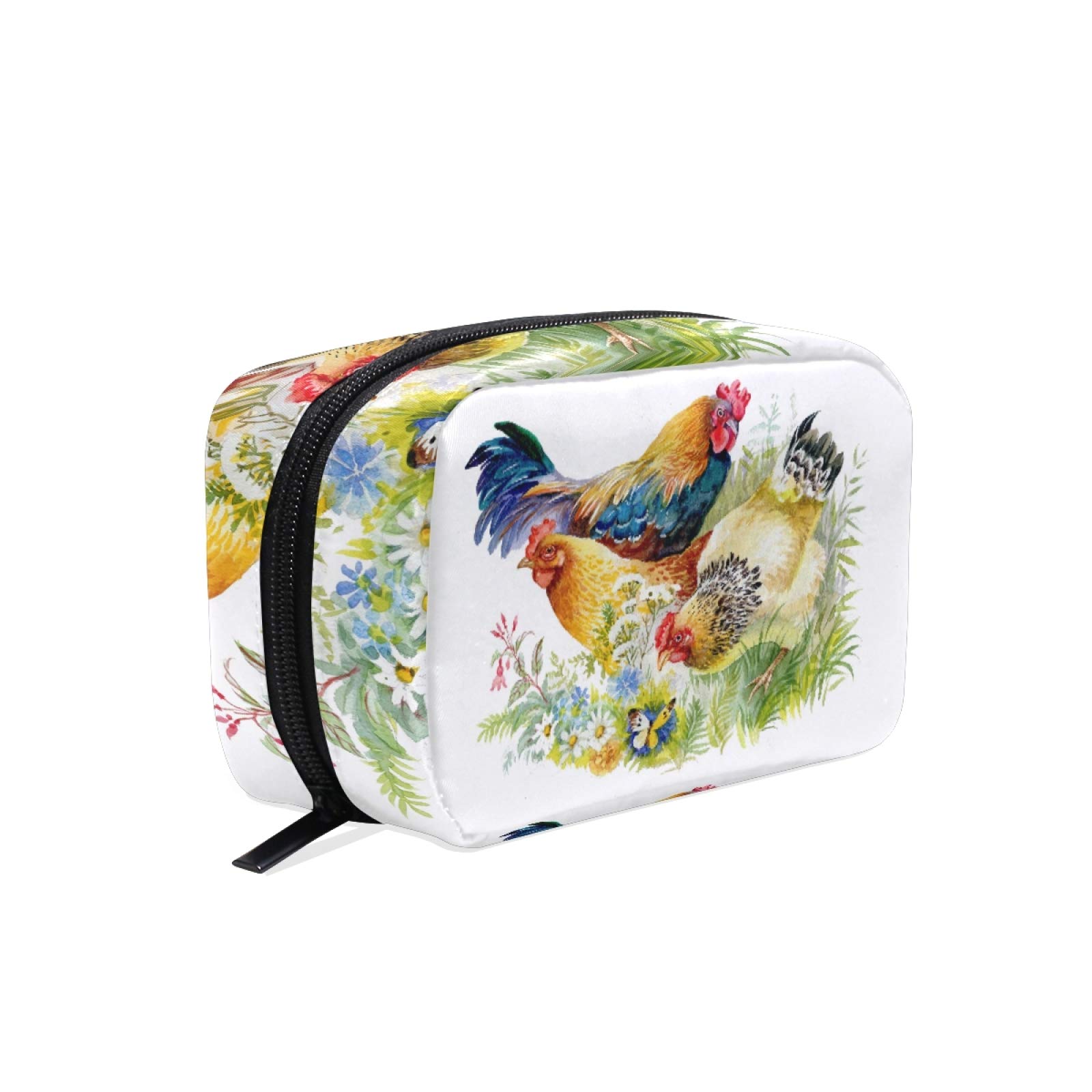 Chicken and Rooster Print White Cosmetic Makeup Bag - Travel Toiletry Organizer with Zip Closure, Portable Beauty Pouch for Women & Teens - Perfect for Travel, Gym, and Daily Makeup Storage