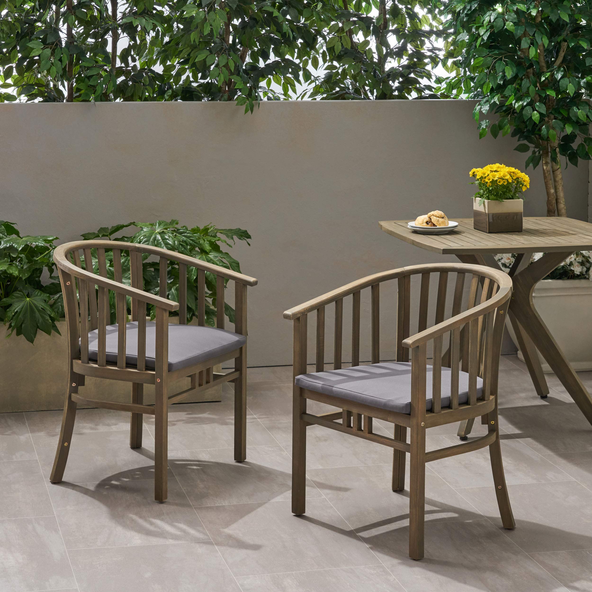 Nola Outdoor Wooden Dining Chairs Set of 2 with Cushions - Dark Gray & Gray Patio Furniture for Garden, Deck, or Backyard Dining