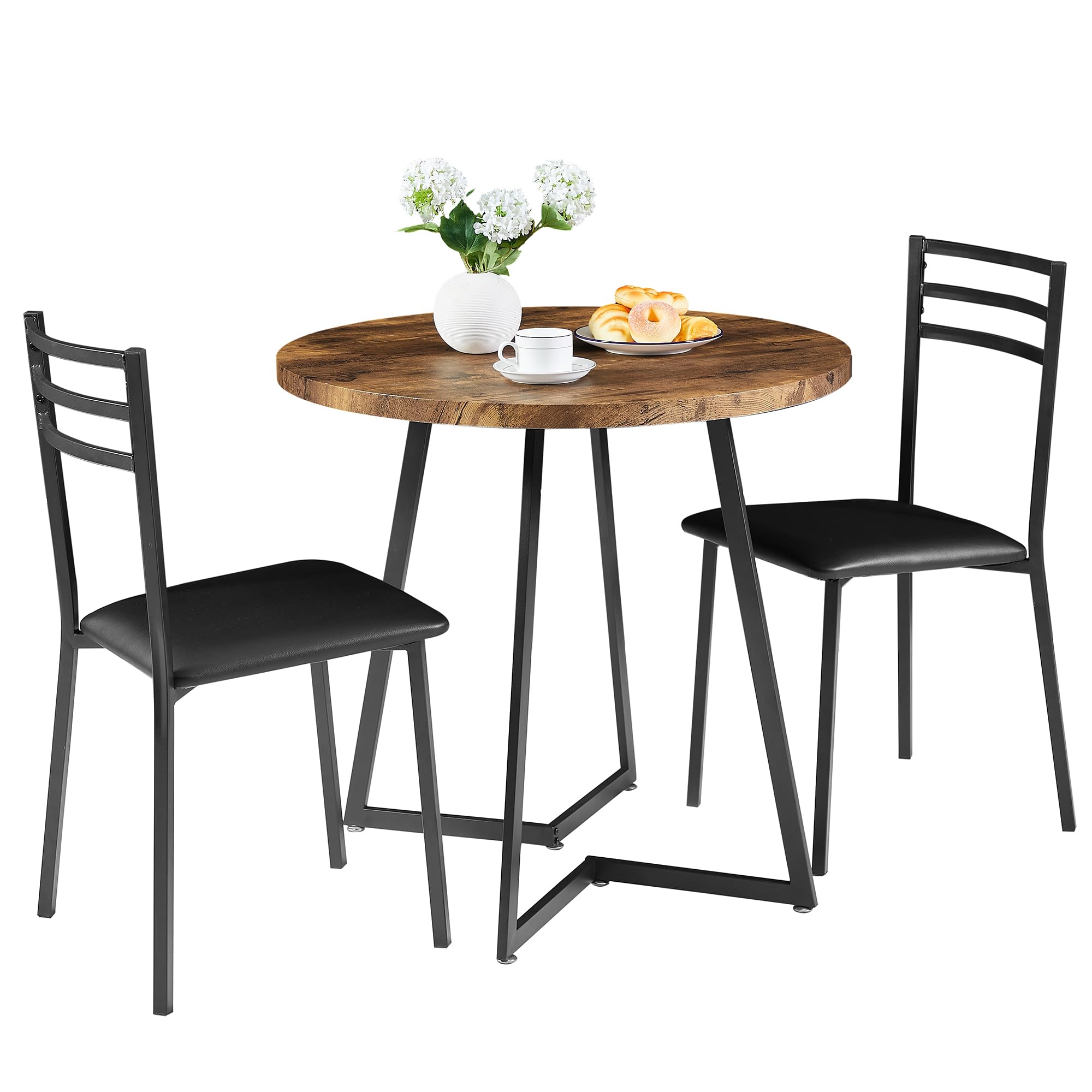 VECELO 3-Piece Round Kitchen Table Set with 2 Upholstered Chairs - Solid Wood Dining Table with Steel Frame for Breakfast Nook, Small Space & Apartment - Antique Brown Finish - Perfect for Family Meals, Coffee Time & Compact Dining Areas