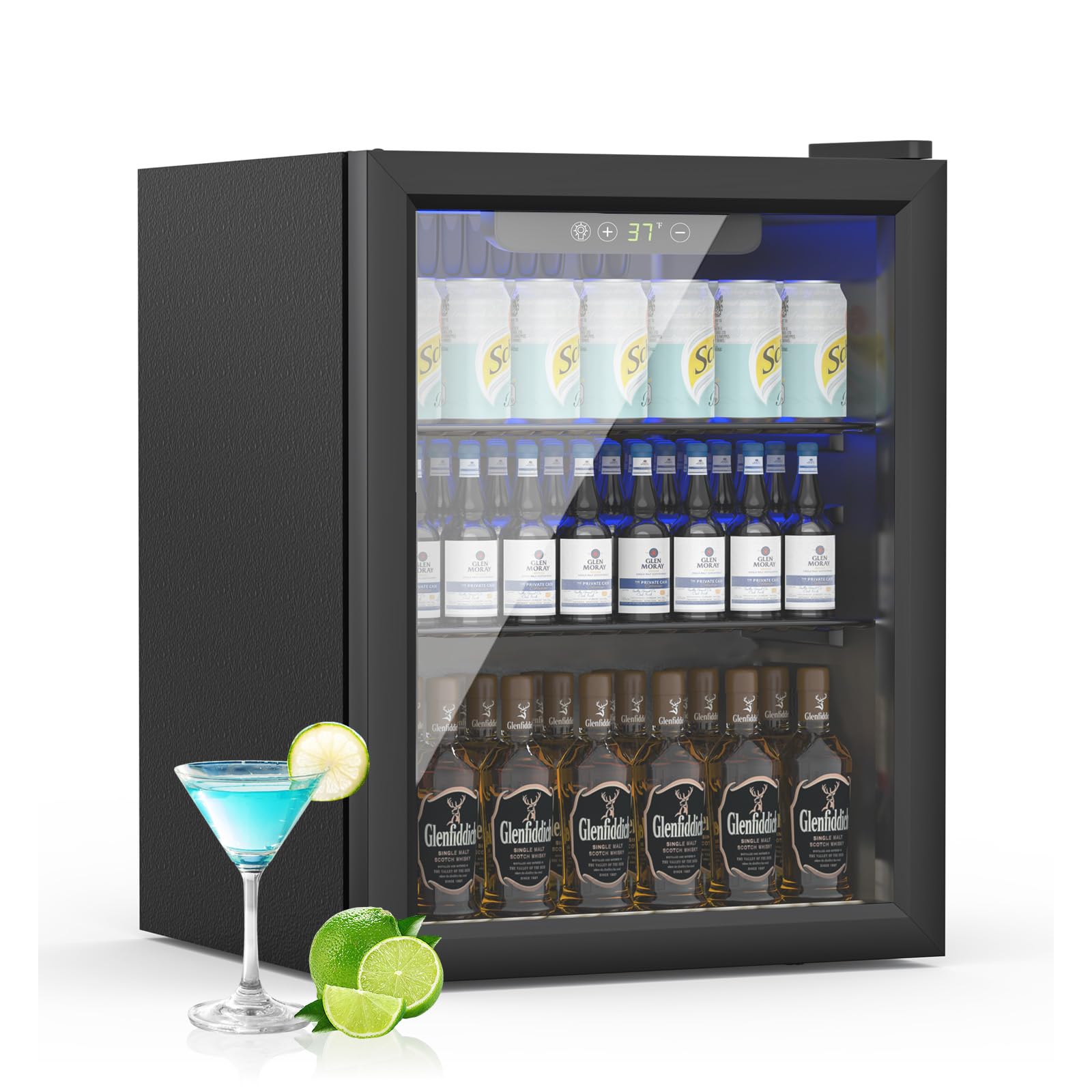 70 Can Mini Fridge Beverage Cooler - 1.6 Cubic Feet Compact Refrigerator with Glass Door & Digital Display, Adjustable Shelves for Soda Beer Wine - Perfect for Home Office Dorm Bar Kitchen (Black)