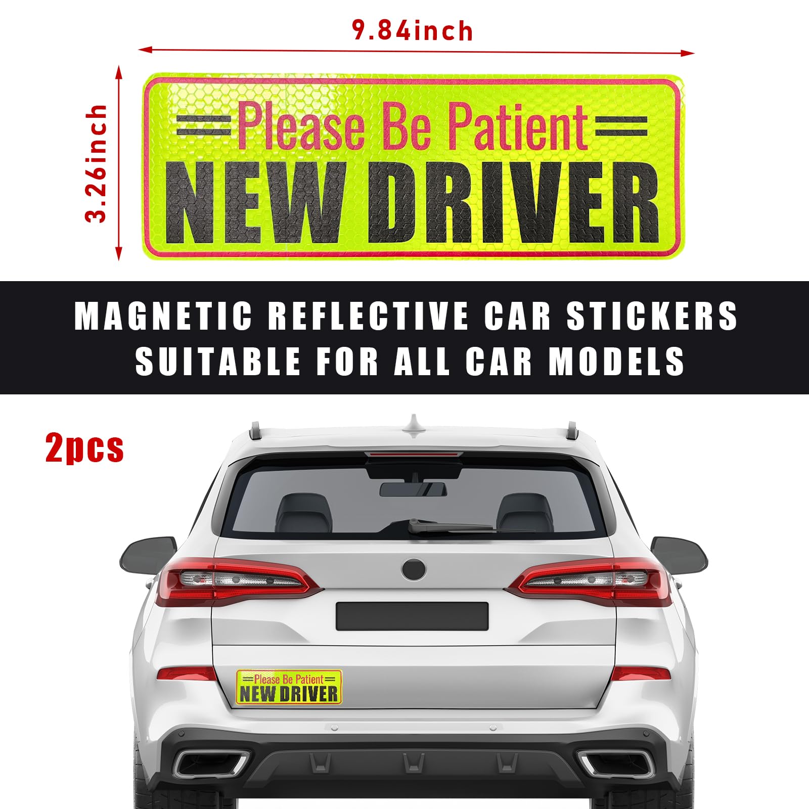 Ziciner 2-Pack Reflective Student Driver Magnets for Cars - New Driver Safety Signs with 'Please Be Patient' Decals - Beginner Warning Bumper Magnets (Style 7) - Perfect for Teen Drivers & Driving Schools