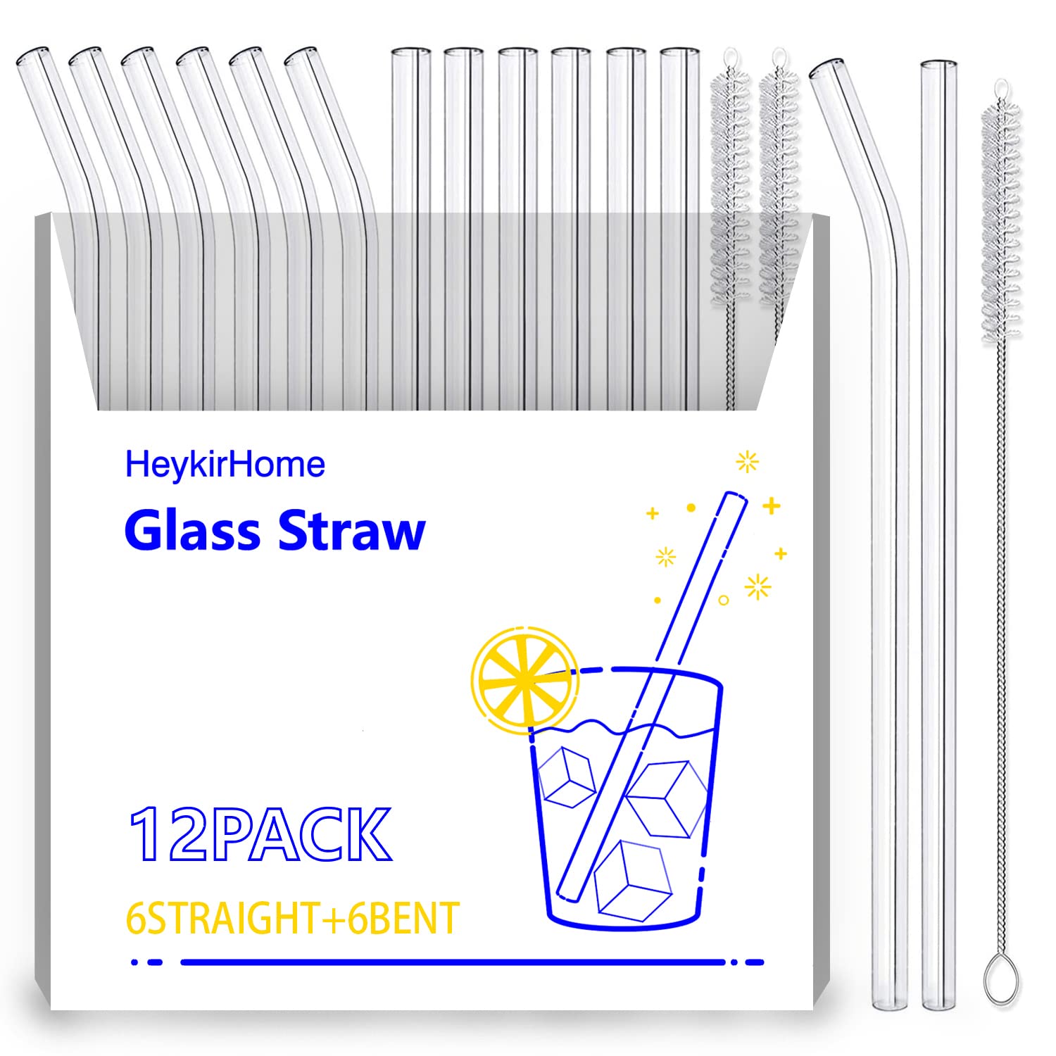 12-Pack Reusable Glass Straws - 6 Straight & 6 Bent with Brushes for Smoothies, Juice, Tea