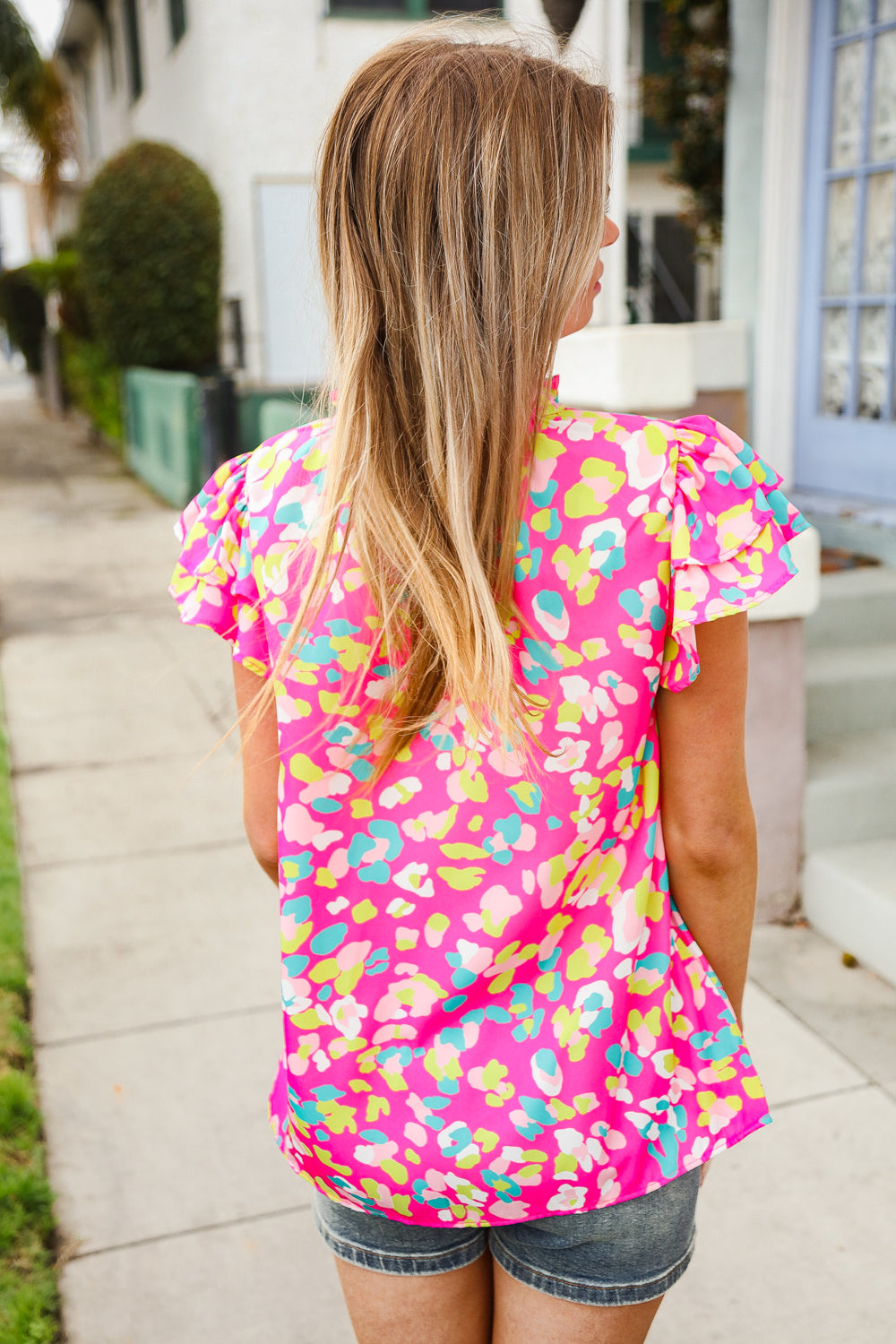 Elegant Pink Floral Print Frill Mock Neck Blouse for Women | Trendy Feminine Top for Office, Date Night & Spring Outfits