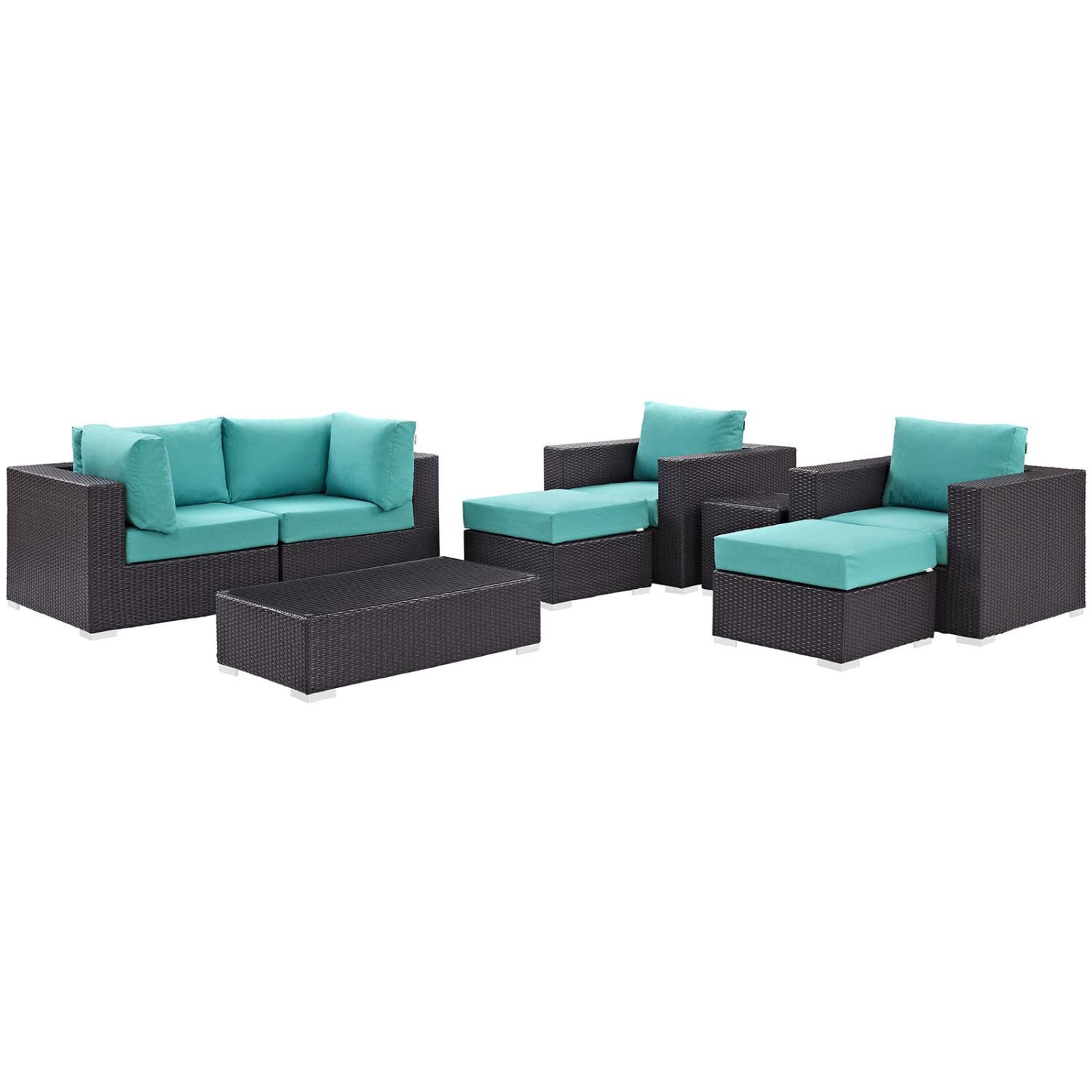 Modway Convene 8-Piece Outdoor Patio Sectional Set - Espresso & Turquoise Wicker Furniture with Cushions - Perfect for Backyard, Poolside & Garden Relaxation