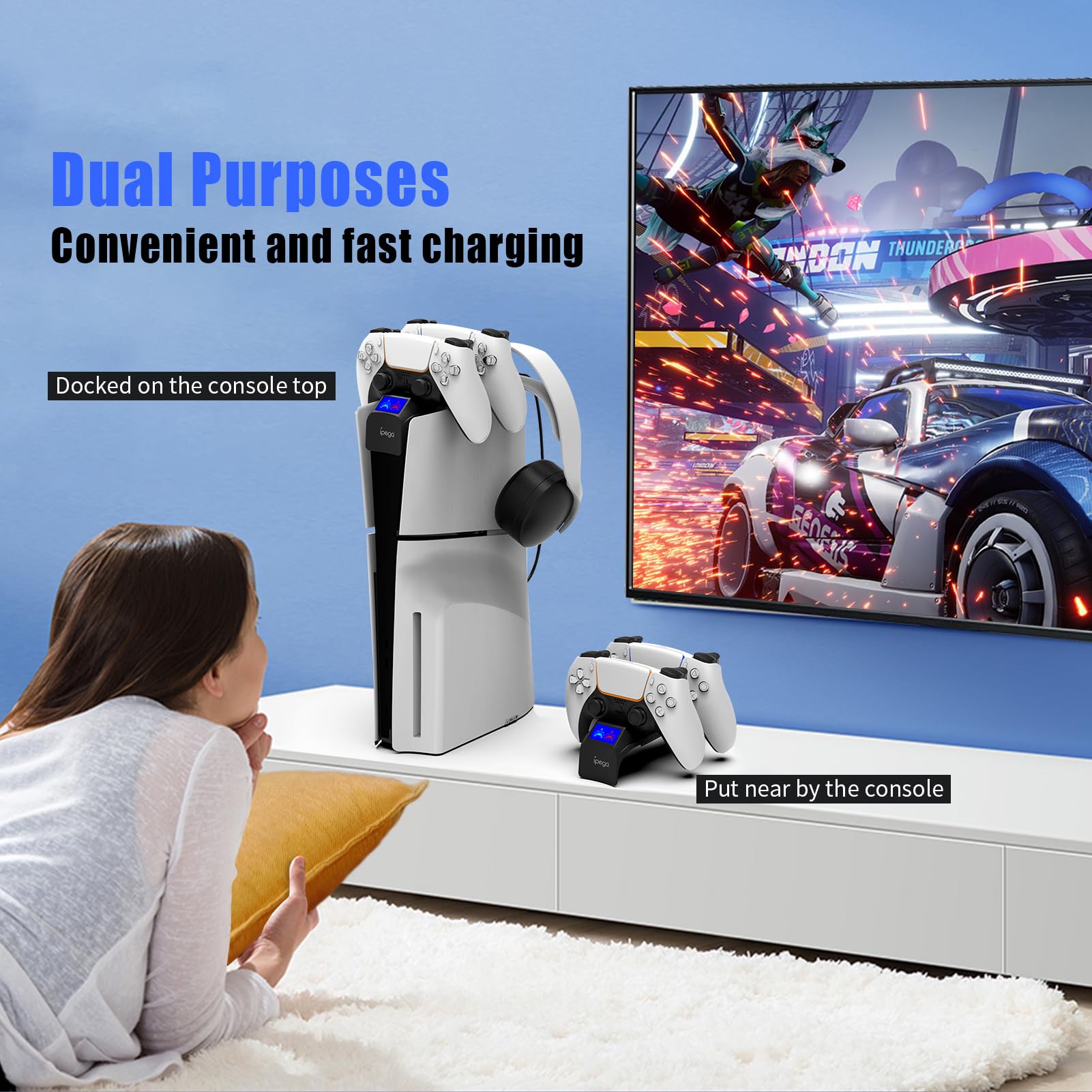 PS5 Slim Controller Charging Station with LED Display - Dual USB-C Charger Dock for PS5 Slim Digital & Disc Edition - Gaming Accessories for Home & Travel Use