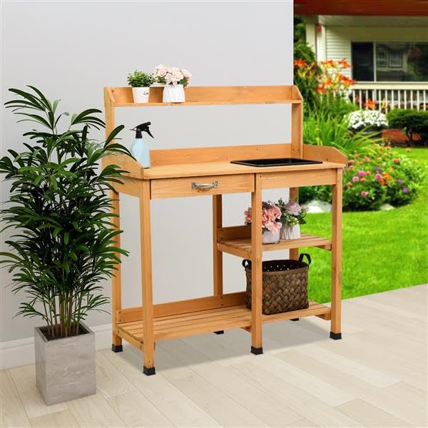 Heavy Duty Wooden Potting Bench with Storage Shelf - Outdoor Garden Planting Work Station, Moisture-Resistant Metal Flower Pot Holder & Planter Table for Gardening, Landscaping & DIY Projects