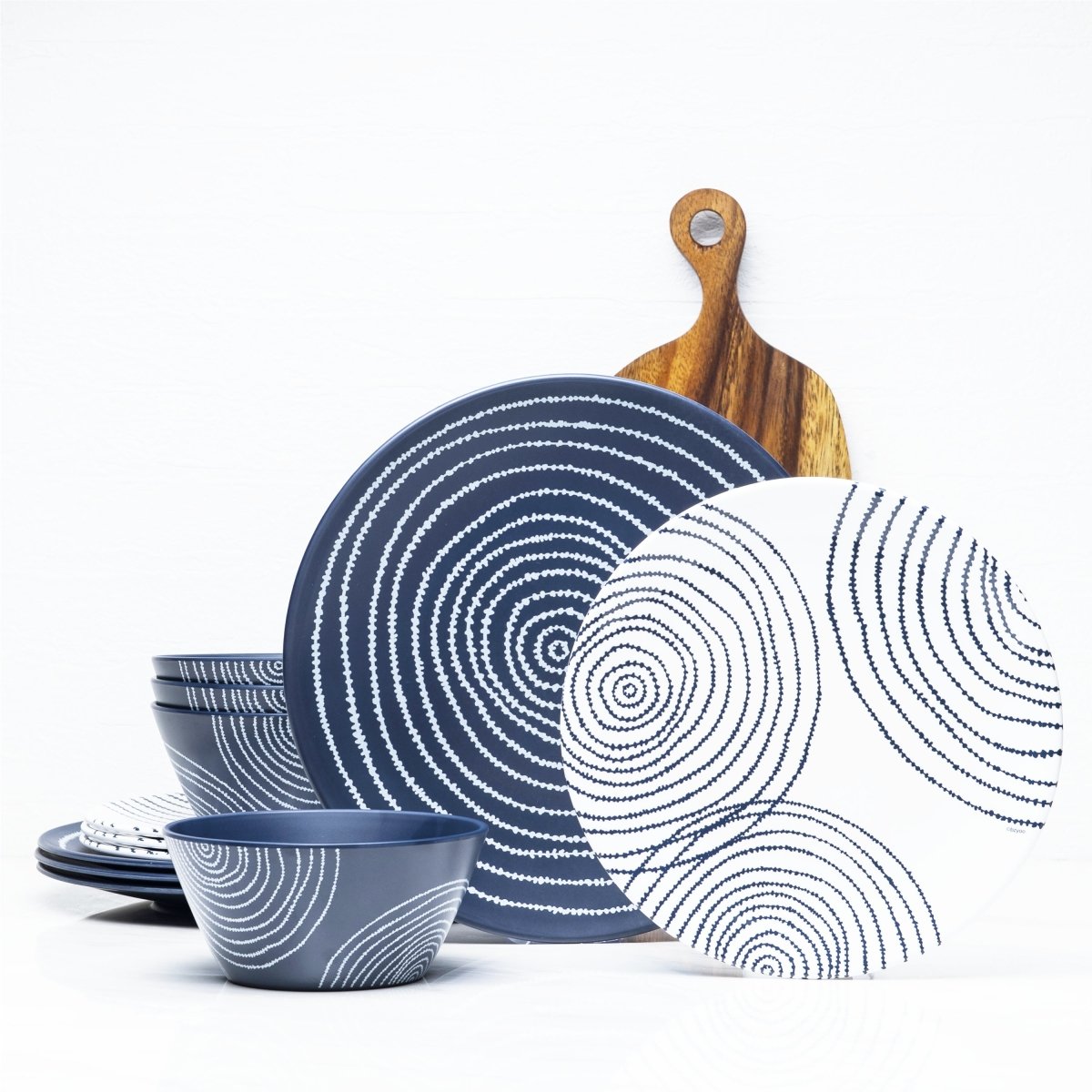 12-Piece Planet Melamine Dinnerware Set - French Navy Blue Plates & Bowls for Outdoor Picnics, Camping, and Durable Everyday Use