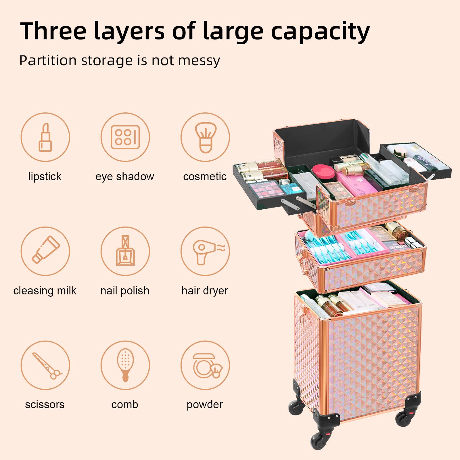 Professional 3-in-1 Rolling Makeup Train Case with Large Storage - Rose Gold & Pink Cosmetic Organizer Trolley for Salon, Barber, Travel & On-the-Go Beauty Professionals