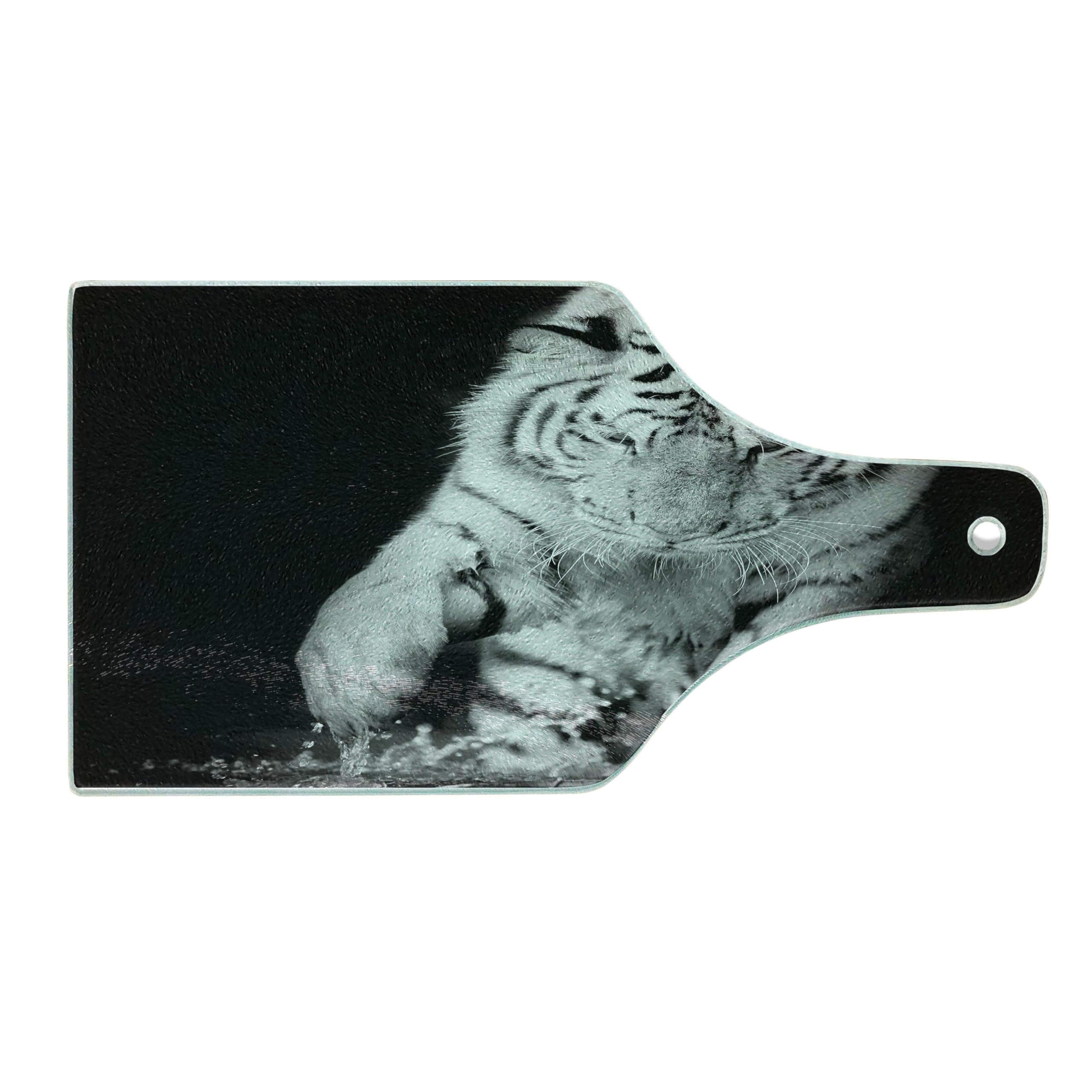 Ambesonne Tiger Tempered Glass Cutting Board - Black and White Large Cat Playing with Water Design - Decorative Serving Board with Wine Bottle Shape - Perfect for Kitchen Use, Charcuterie Display, and Party Serving
