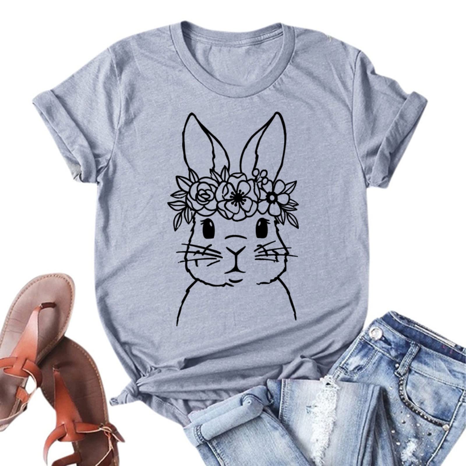 YfiDSJFGJ Women's Graphic T-Shirts - Cute Rabbit Letter Printed Short Sleeve Crewneck Casual Tee for Easter Day | Perfect for Spring Outfits, Casual Wear & Holiday Celebrations
