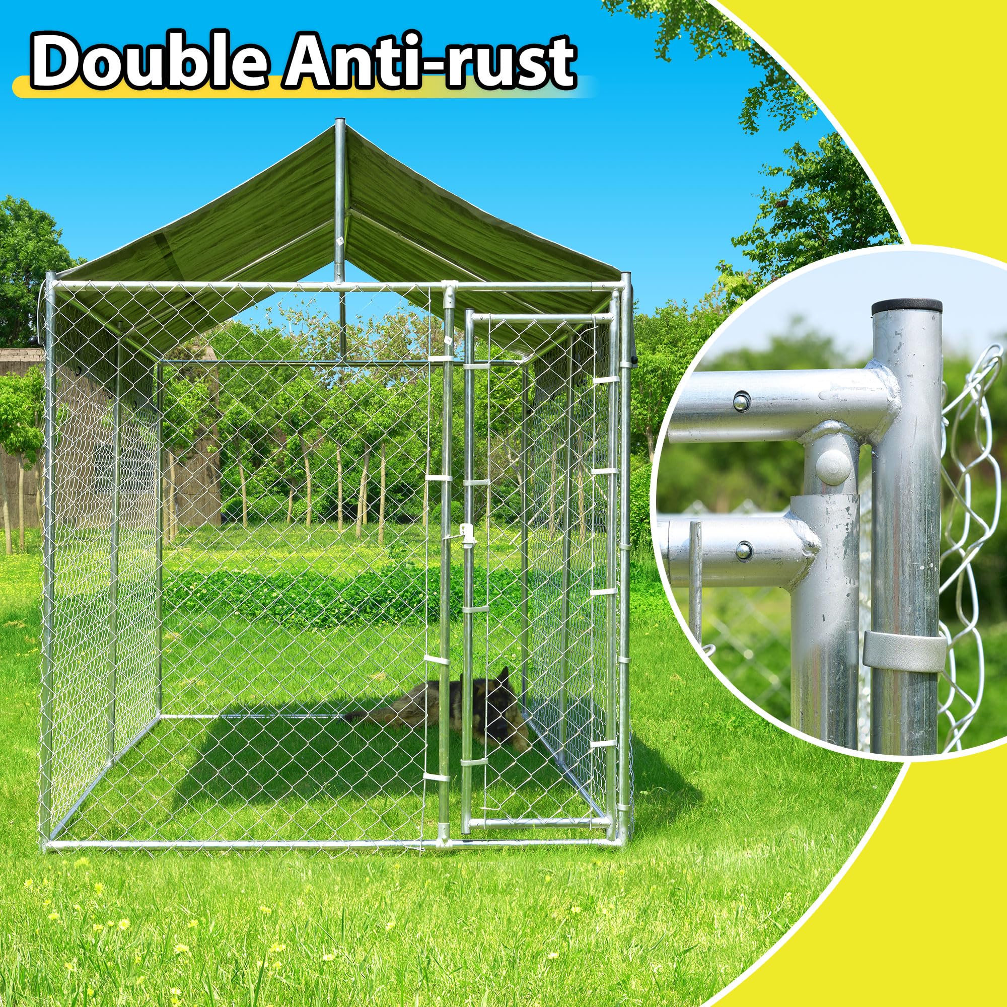 10'x6'x7.65' Heavy Duty Chain Link Metal Dog Kennel - Large Outdoor Dog Playpen with Lockable Door & Waterproof Canopy | Durable Exercise Pen for Medium & Large Dogs | Perfect for Backyard, Camping & Dog Training