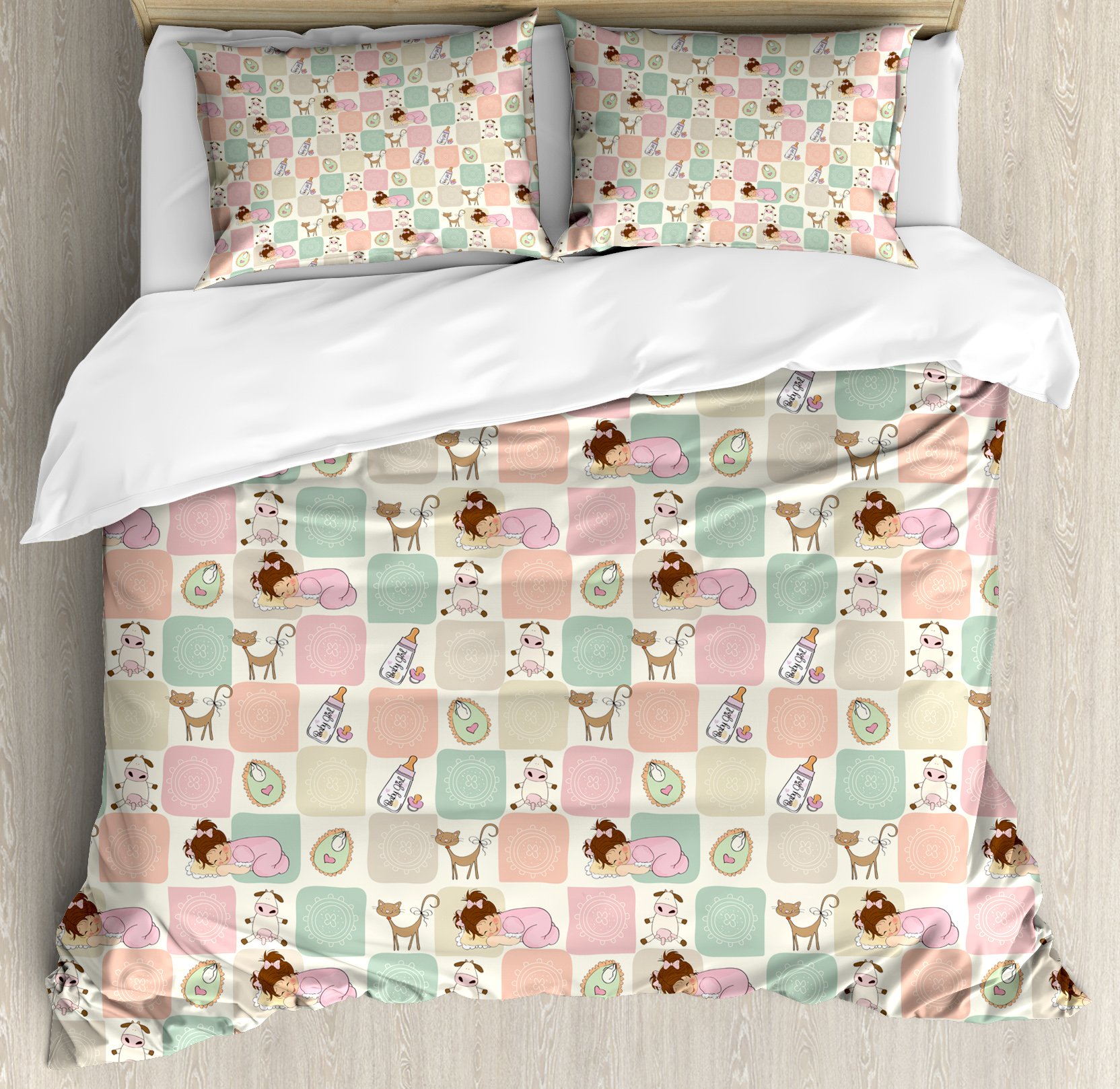 Ambesonne Cartoon Duvet Cover Set - Queen Size 3-Piece Bedding with 2 Pillow Shams, Square Checkered Cat Cow Sleeping Girl & Milk Bottle Design, Multicolor | Fun Kids Room Decor, Teen Bedroom, Dorm Room Essentials, Gift for Cat Lovers